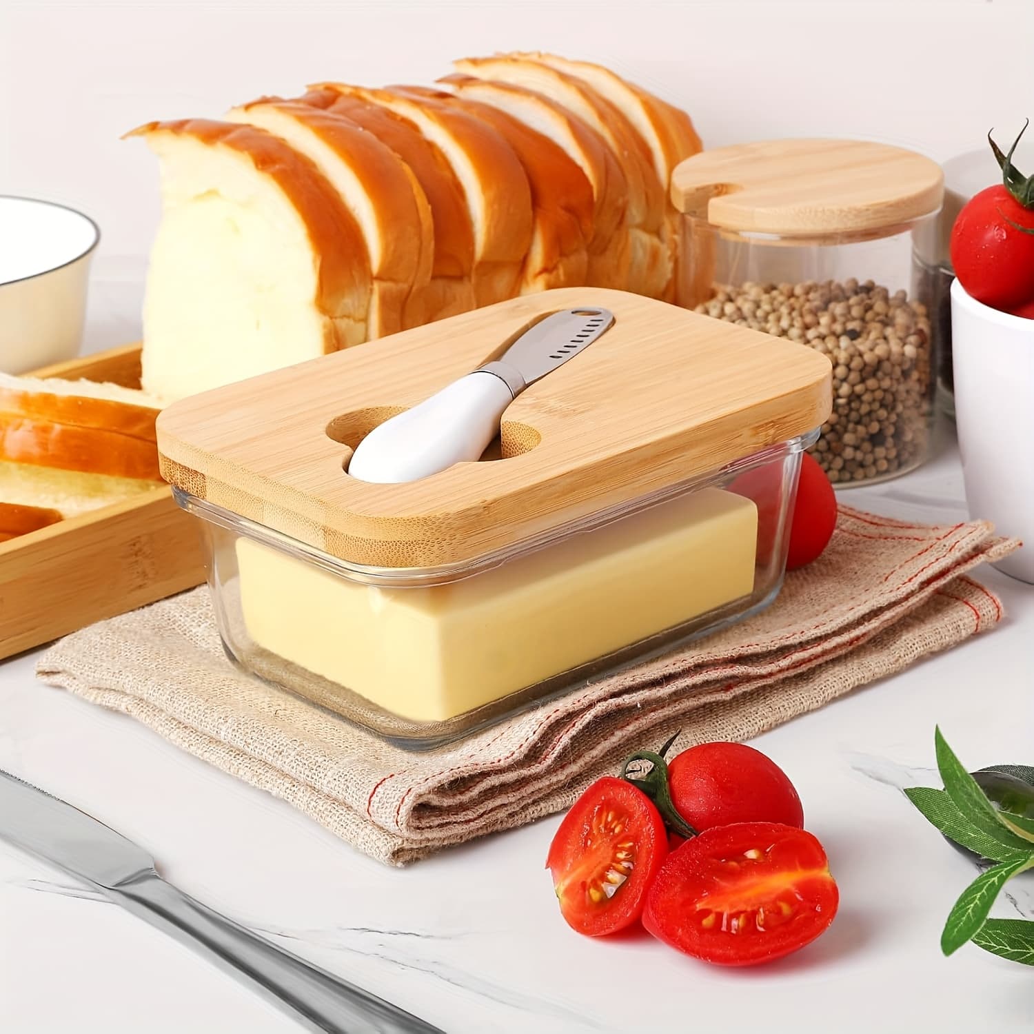 TEMU Glass Butter Dish With Bamboo Lid And Knife, Airtight Seal For Freshness, Large Butter Dish For Butter, Ideal For Countertop And Refrigerator Storage, Butter Keeper