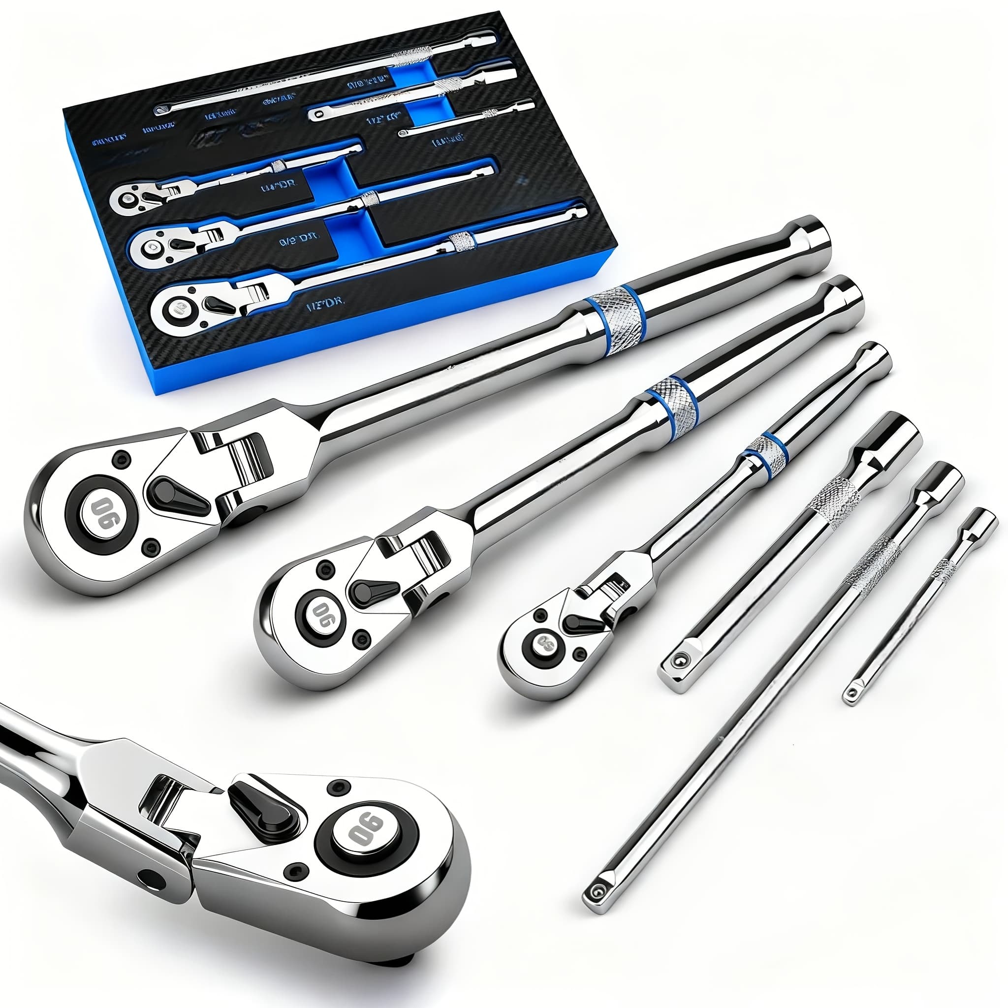 TEMU 6pcs/3pcs Twist Head Ratchet Set, 1/4", 3/8", 1/2" Drive, Twist Head Ratchet Wrench With Extension Bar, 72 Teeth, 180° Adjustable, Quick Release, Flexible Ratchet Handle With Eva Foam.