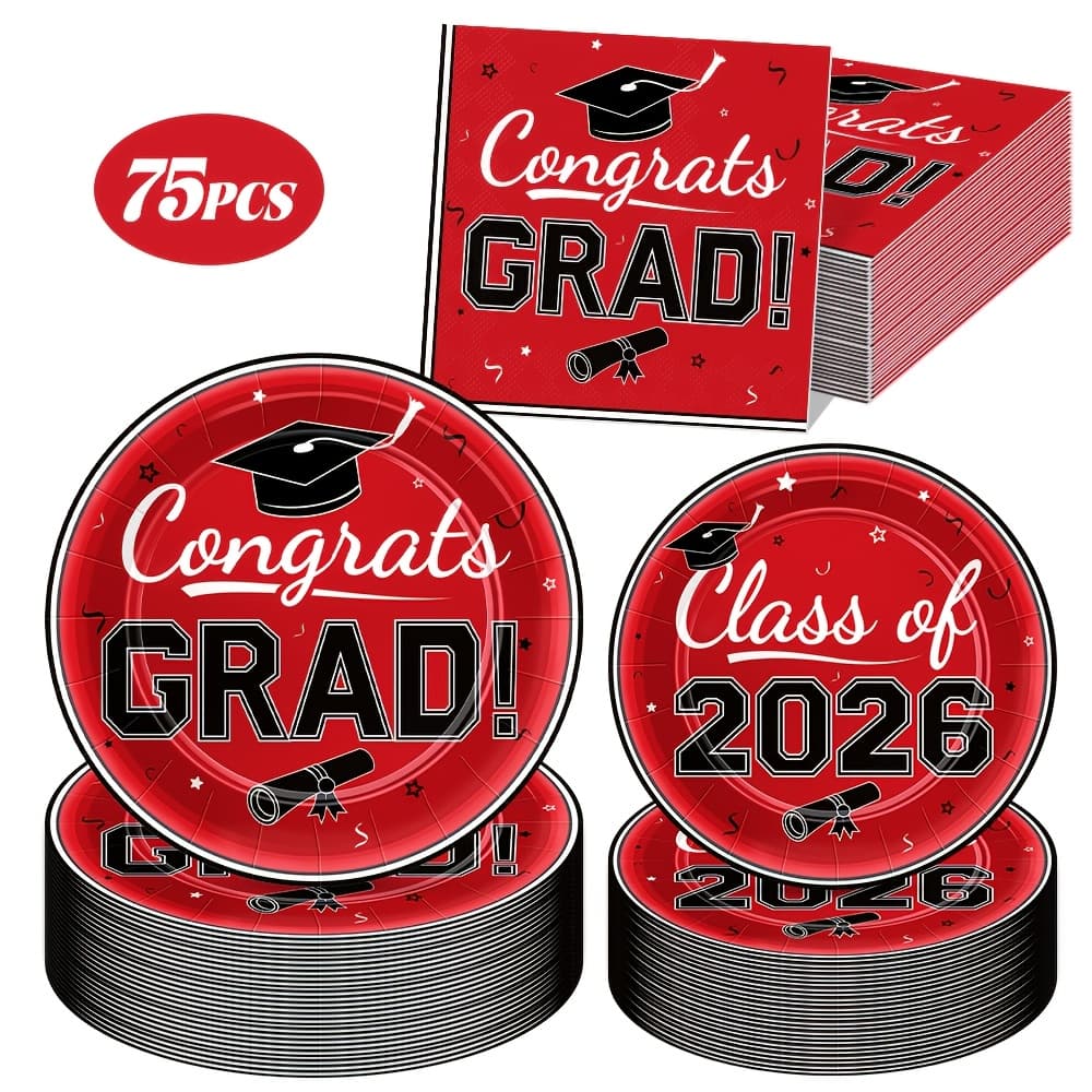 TEMU Red Graduation Paper Plates And Napkins Serve 25, Graduation Decorations Class Of 2026 Congrats Grad Decorations For College High School Grad Party Supplies