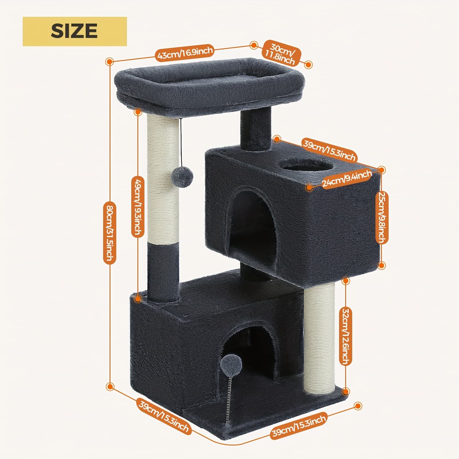 TEMU Cat Tree "/ 44" 2 Size Cat Tower For Small And Medium-large Cats 20 Lbs+, 2 Spacious Caves With 3.4" Thickened Scratching Post, Large Top Perch, 2 Interactive Toys, Grey, Beige, Dark Grey