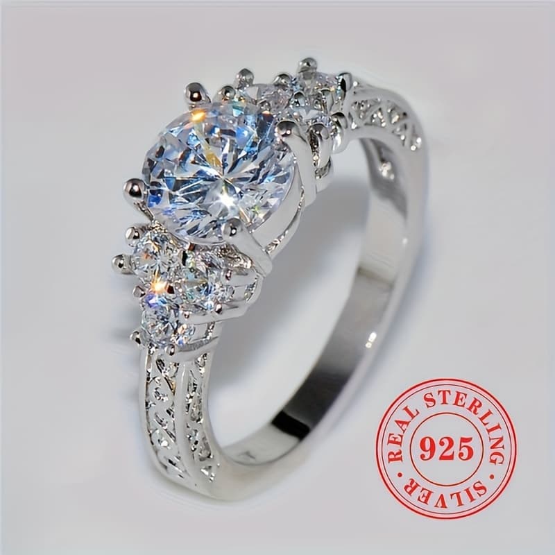 TEMU An Elegant 925 Sterling Silver Ring With Sparkling Cubic Zirconia, A Luxurious Ladies' Engagement And Proposal Ring, Exquisite And Elegant Accessory