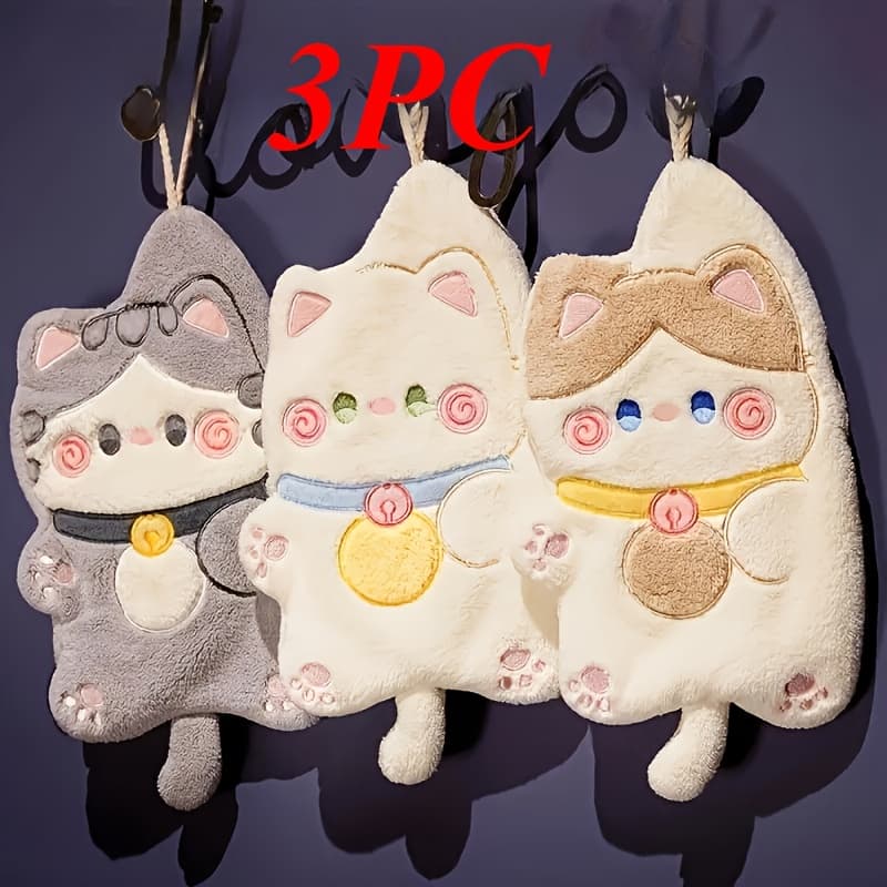 TEMU 3pcs Cute Cat Plaster Towel Set - Quick-drying, Super Absorbent, And Soft With Easy-hanging Design, Suitable For Kitchen And Bathroom Use - Perfect For Daily Use And Gifting