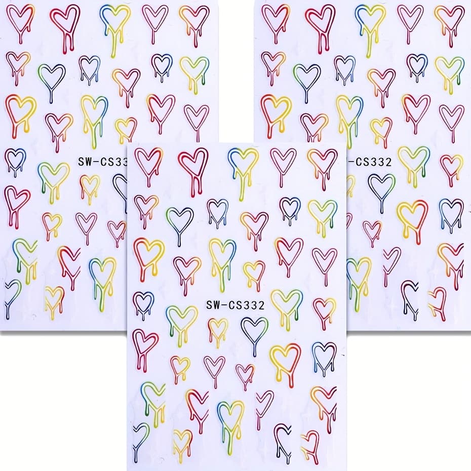 TEMU 3pcs. Fluorescent Heart Shaped Holographic Nail Stickers And Rainbow Water Drop - Glossy Pvc Self-adhesive Stickers For Nail Decoration With Bright Hearts, Pastel Colors (pink, Yellow)