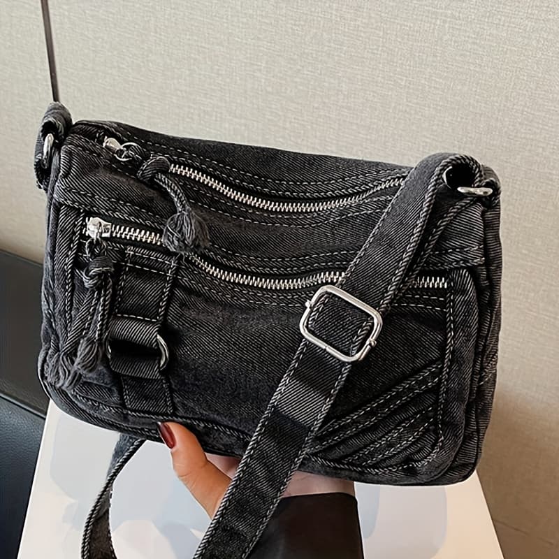 TEMU Womens Turquoise Synthetic Handbag With Adjustable Strap Multizipper Compartments Spacious Square Crossbody Bag With Hardware, Hardware Zippered , Shopping, Everyday Purse Durable Lining Hardwar