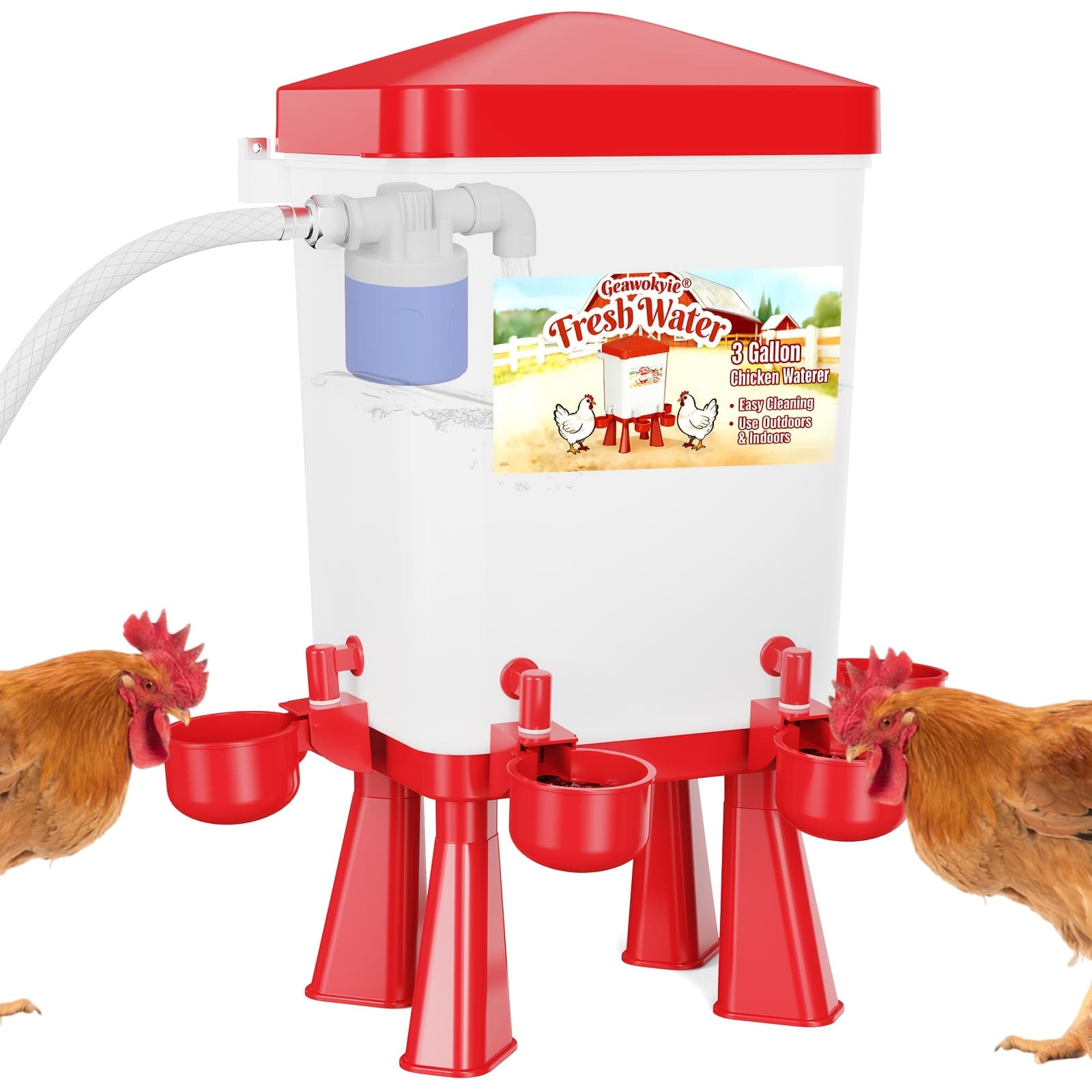 TEMU Geawokyie 3 Gallon For Continuous Water, Connects To Extension Hose, Poultry Waterer For Chicks, Duck, Goose, Float-controlled Chicken Water Feeder, , Red