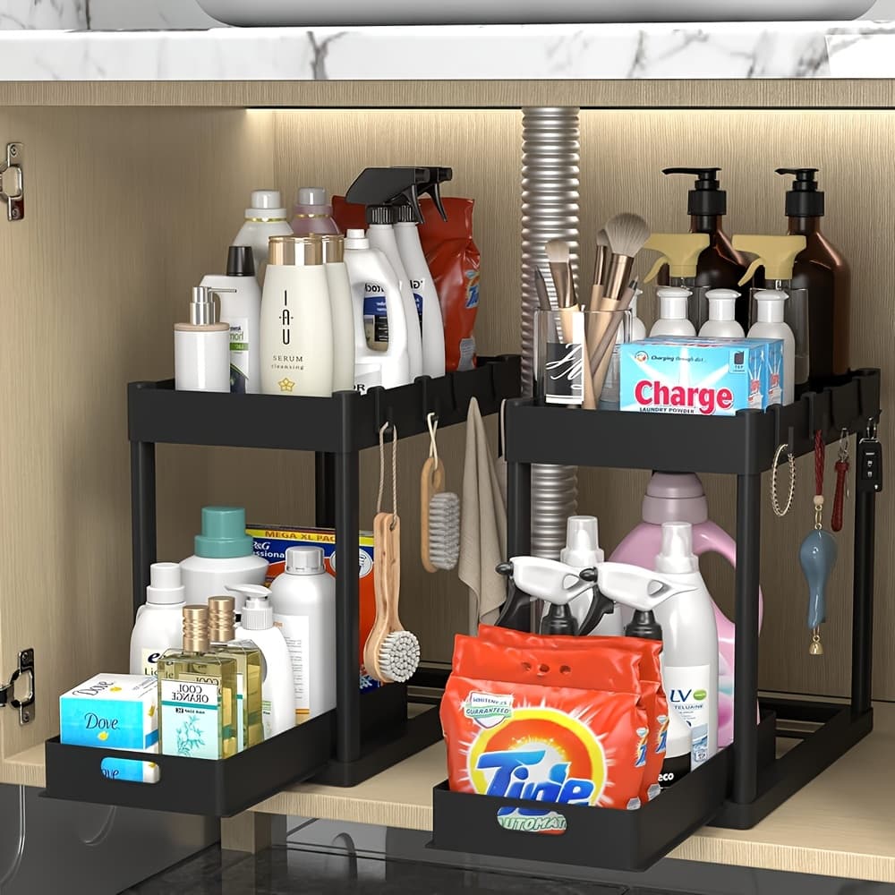 TEMU Set Of 2 Under-sink Organizers, Bathroom Cabinet Storage Solution, Dual-tier Sliding Basket Drawers, Versatile Bath Collection Baskets For Under-counter Storage With 8 Hooks