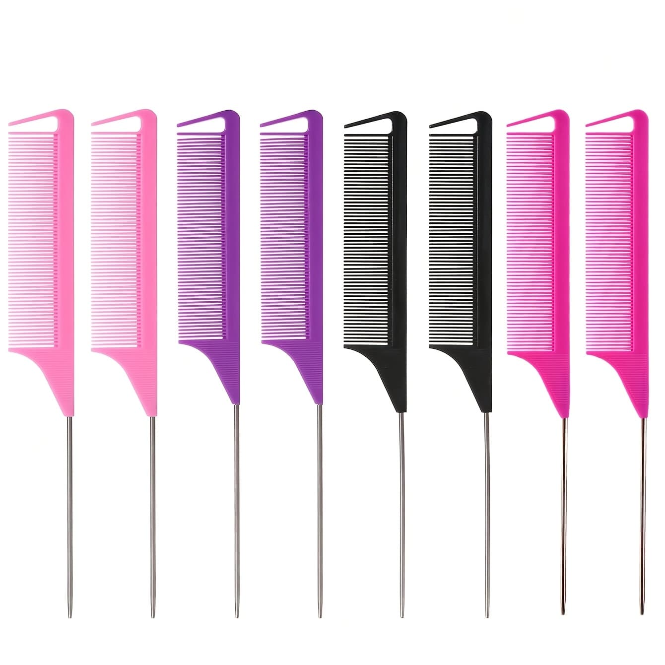TEMU 8pcs Professional Hair Comb Set, With Steel Pins, And Fine Tooth Combs, For Hair Cutting And Styling - For Barbers And Home Use (black, Purple, Pink, Rose Red)