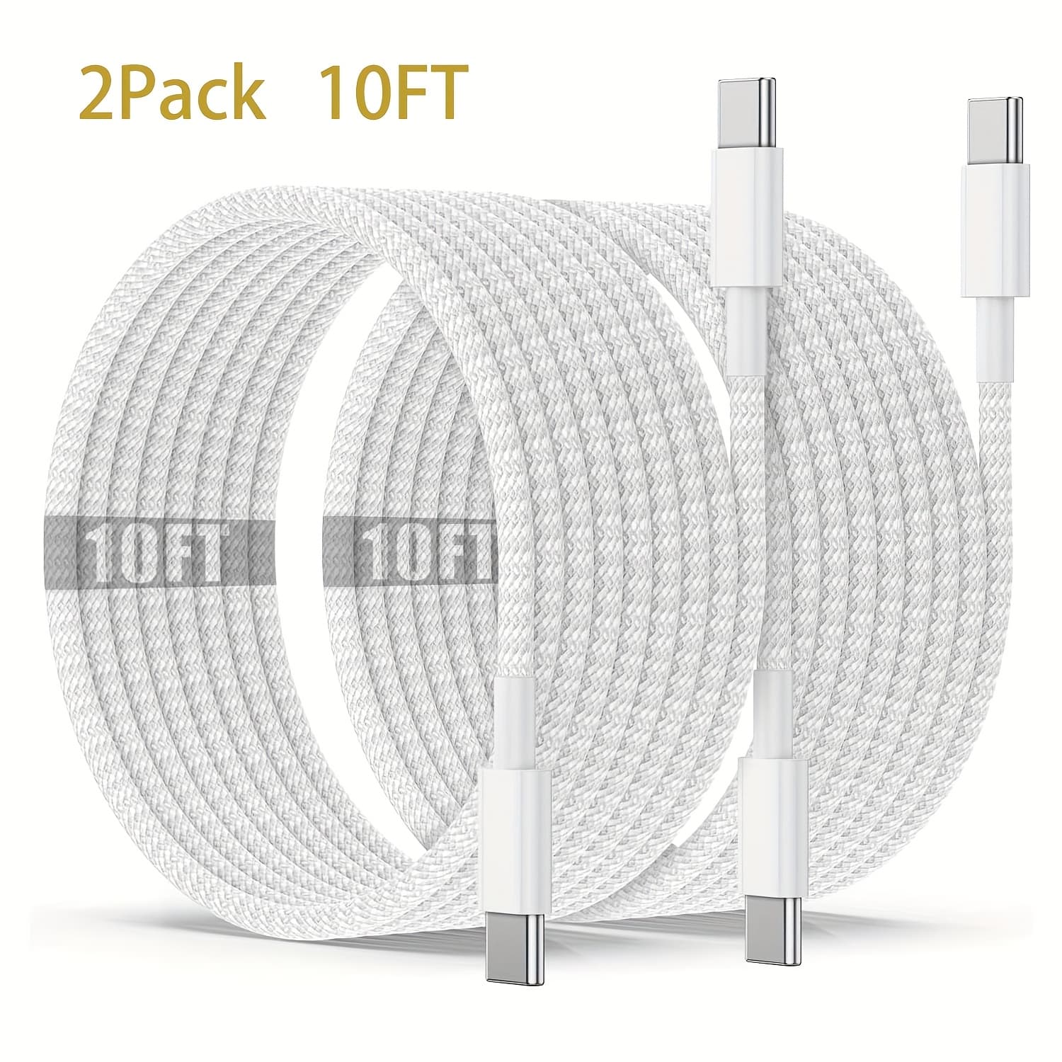 TEMU 2pack 10ft/ Usb C To C Charging Cable, Fast Type C To C Charger Cord Long For Iphone 16/16 Pro Max/15 Plus/15 Pro Max, For 2021/2020/2019/2018, For Ipad 12.9/11 Inch/mini/air 5/4, For Galaxy