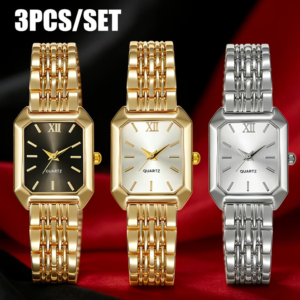 TEMU 3pcs/set Of Ladies Watches, Women's Elegant Luxurious Golden And Silvery Bracelet Watches, Exquisite Rectangular Dial Casual Quartz Watches, Best Gifts For Women