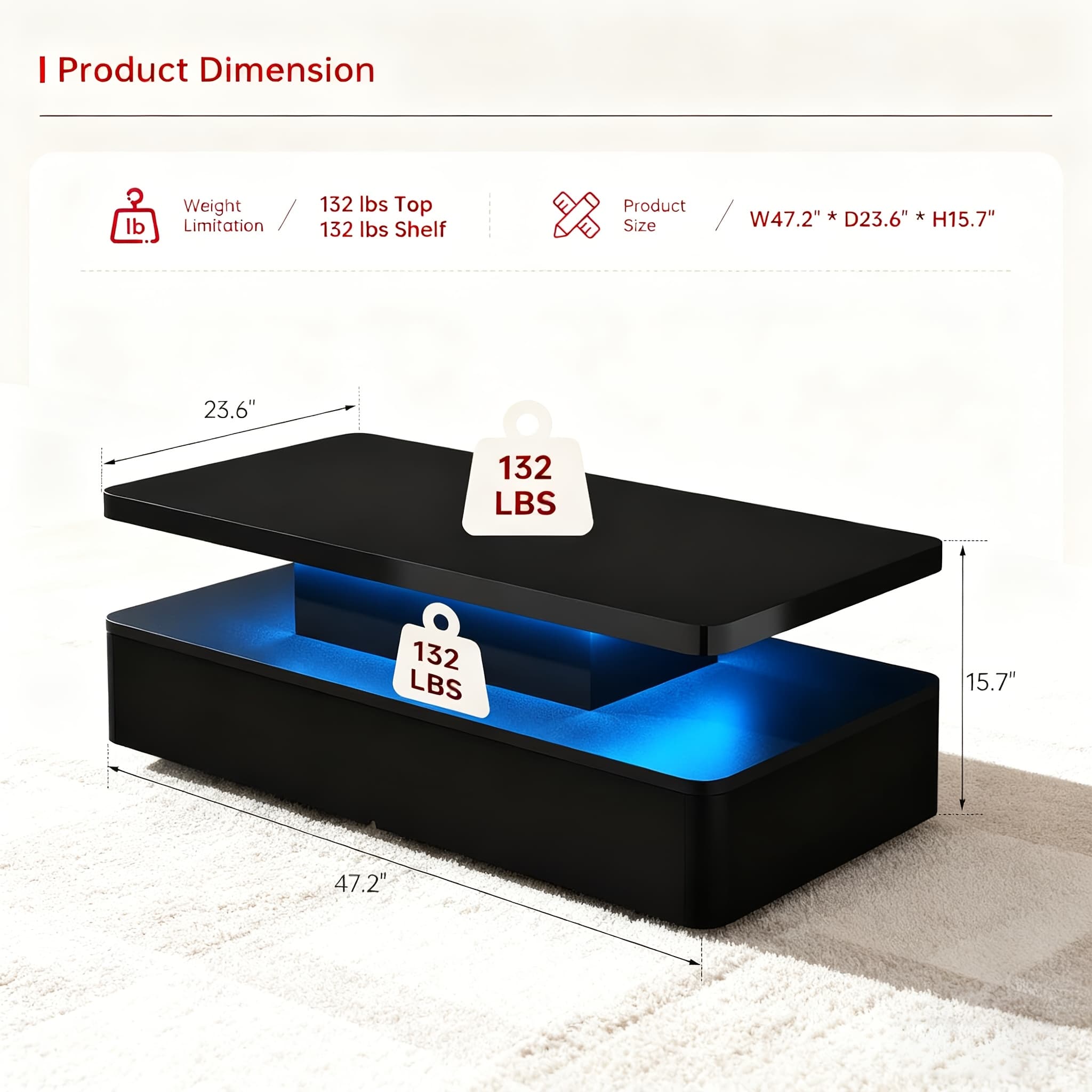 TEMU Contemporary 47-inch Black Led Coffee Table, Featuring 16-color Led Lighting, Two-tier Design, Chic For Living Room, Home, Office, Ideal As A Holiday Present