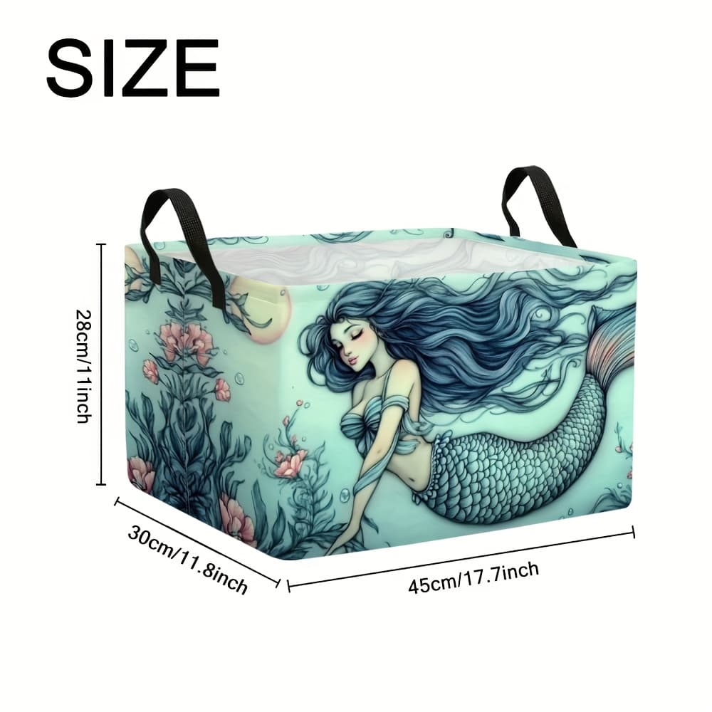 TEMU 1pc Mermaid Art Blue Ocean 2d Flat Extra Large Foldable Storage Basket – Pattern, Sturdy Fabric Organizer With Handles, Perfect For Laundry,, And Clothes, 2d Flat, Shelf Baskets
