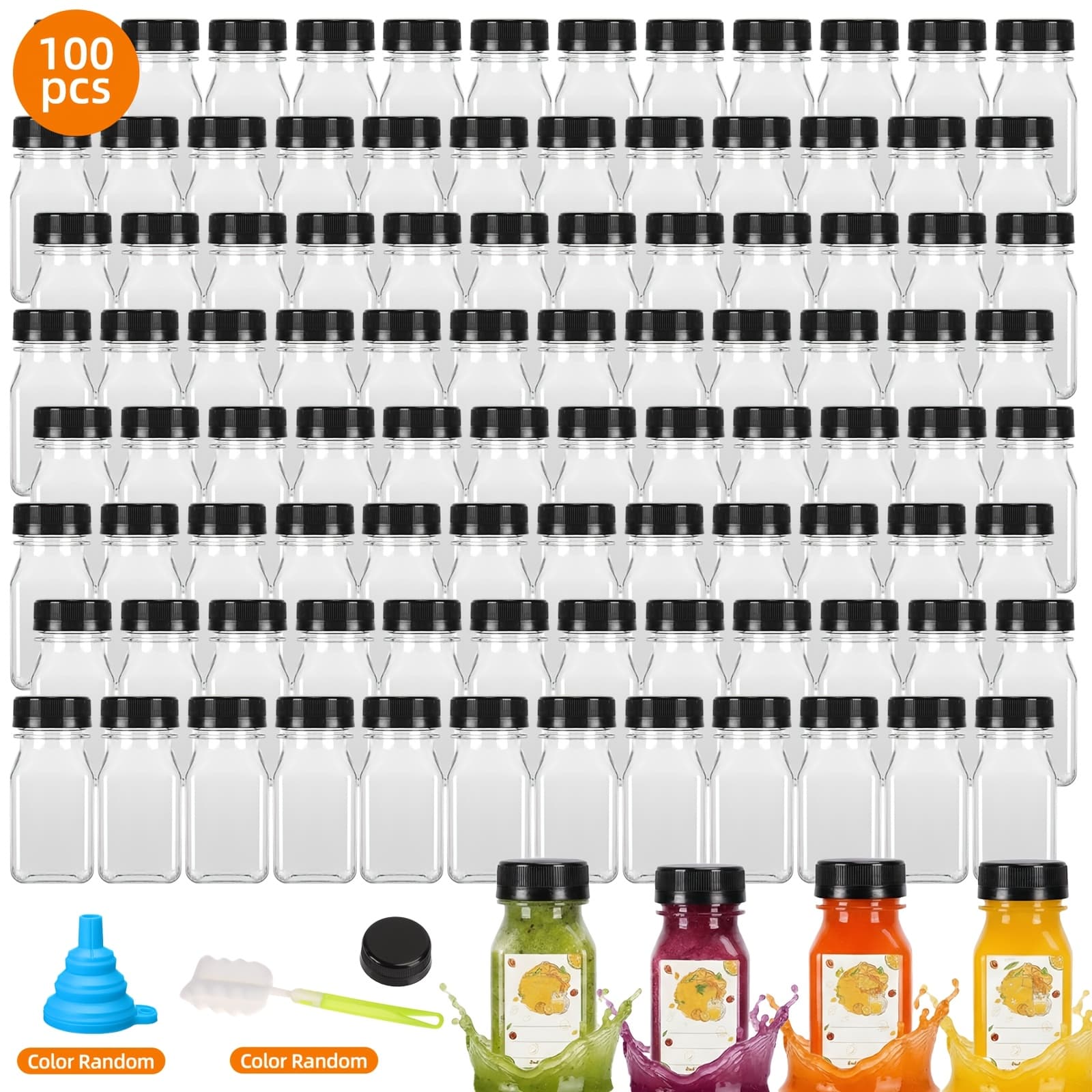 TEMU Tomnk 45pcs/100pcs 4oz Juice Bottles With Caps, Empty Plastic Containers With Lids, Label, Funnel, And Brush, Used To Hold Juice, Coffee, Or Any Drinks. Funnel & Brush (color Random).