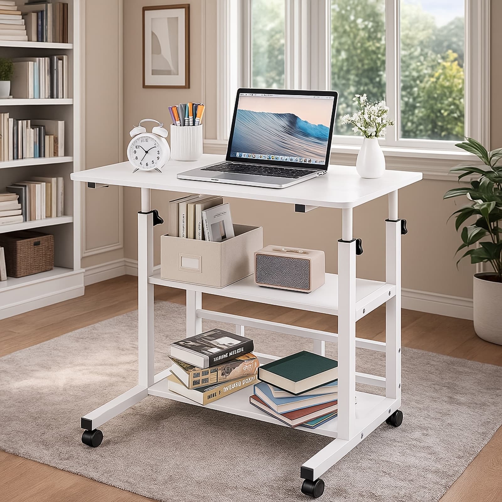 TEMU Mobile Rolling Desk On Wheels, Height-adjustable Compact Standing Desk, Laptop Workstation, And Portable Table Suitable For Bedroom Use, Bedside Computer Table, And Small Computer Desk