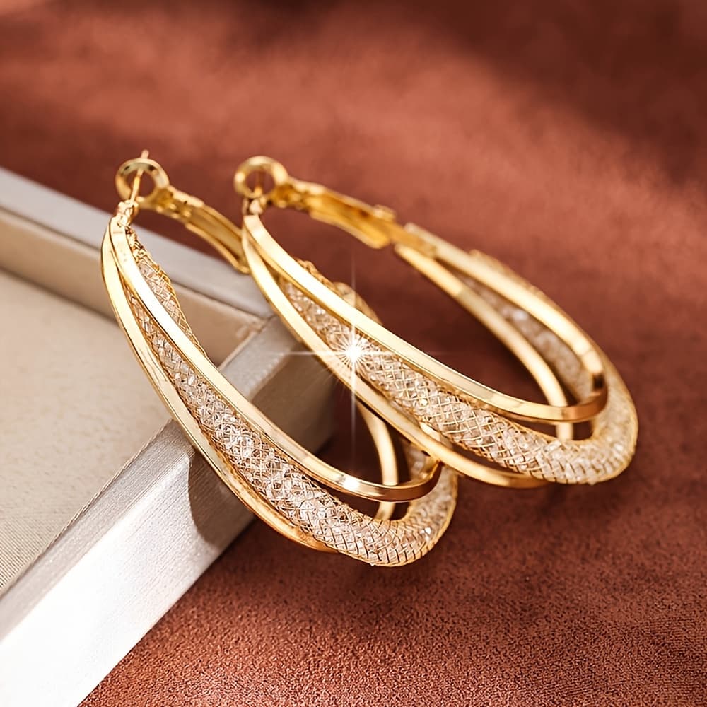 TEMU Shiny Zirconia Inlaid Mesh Hoop Earrings - Perfect Birthday Or Valentine's Day Gift