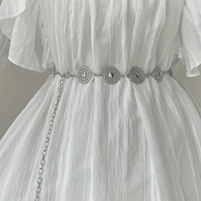 TEMU A Women's Hollow Circular Ring Belt With Silvery And Golden Decorations, Designed To Pair With Skirts, Featuring A Unique And High-end Alloy Belt
