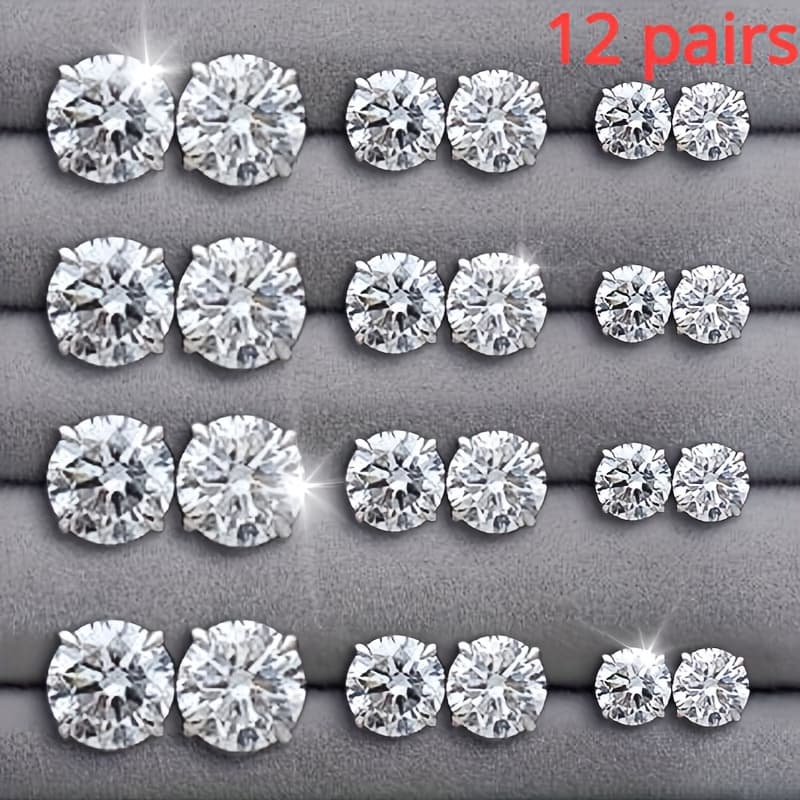 TEMU 12 Pairs/ Sets Of Stylish 925 Silver Plated Earrings And Inlaid Synthetic Synthetic Zircon​ Simple Earrings For Men And Women Everyday Wear