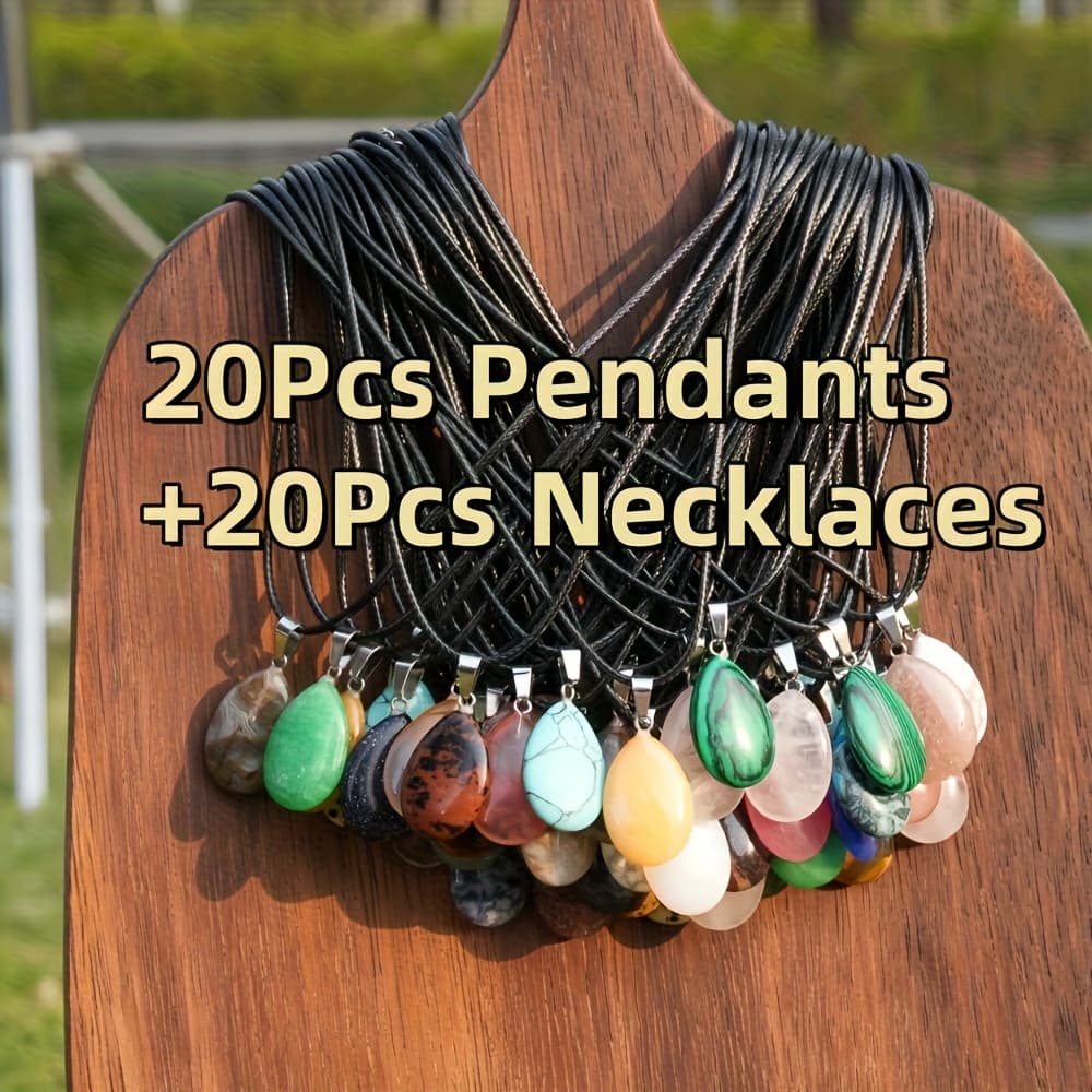 TEMU 40pcs Of Natural Crystal Teardrop-shaped Stone Pendants, With Faux Leather Cord Sets, Fashionable And Elegant Necklaces, Perfect As Accessory Gifts For Holiday Parties.
