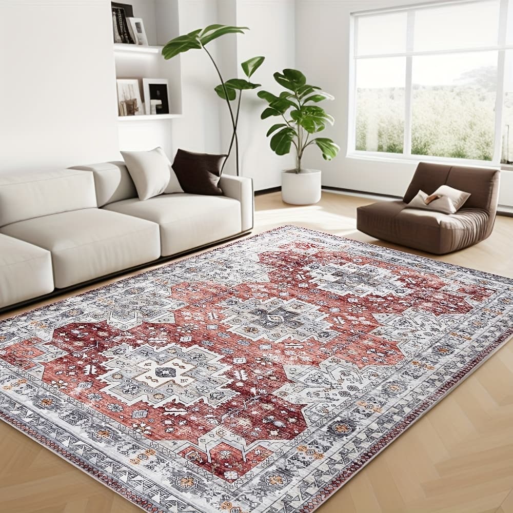 TEMU Bohemian Pink Plaid Area Rug, Abstract Style, Soft Machine Washable Non-slip Bottom Shedding, Suitable For Dining Room, Office, Bedroom.