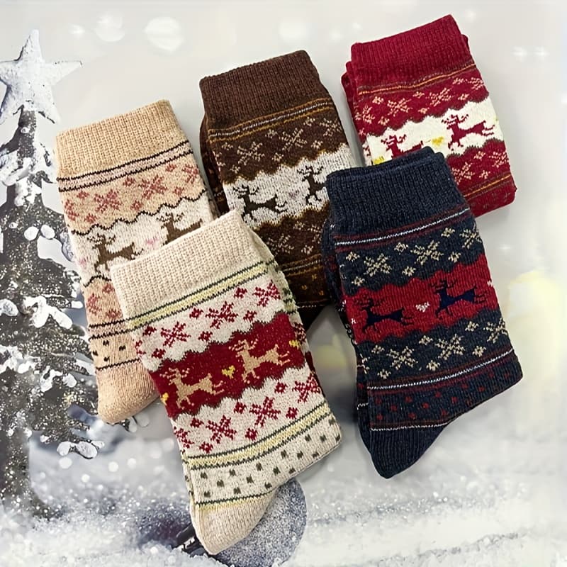TEMU 5-pack Cozy Thick Socks For Women - Festive Christmas Reindeer & Snowflake Design
