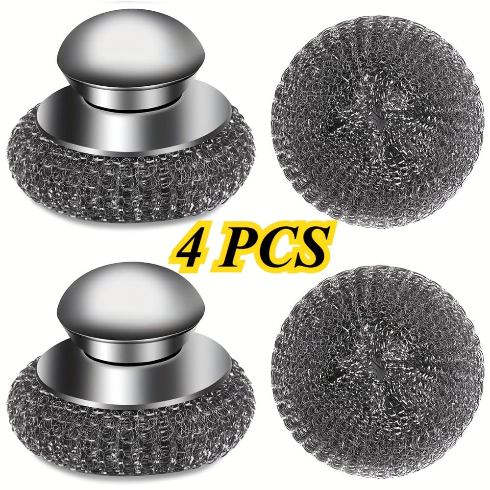 TEMU Steel Wool Scrubber, 4 Pack Stainless Steel Scouring Pads With Handle - Cleaning Solution For Rust, Messes On Cookware, Grills, Ovens, And Kitchen Sinks