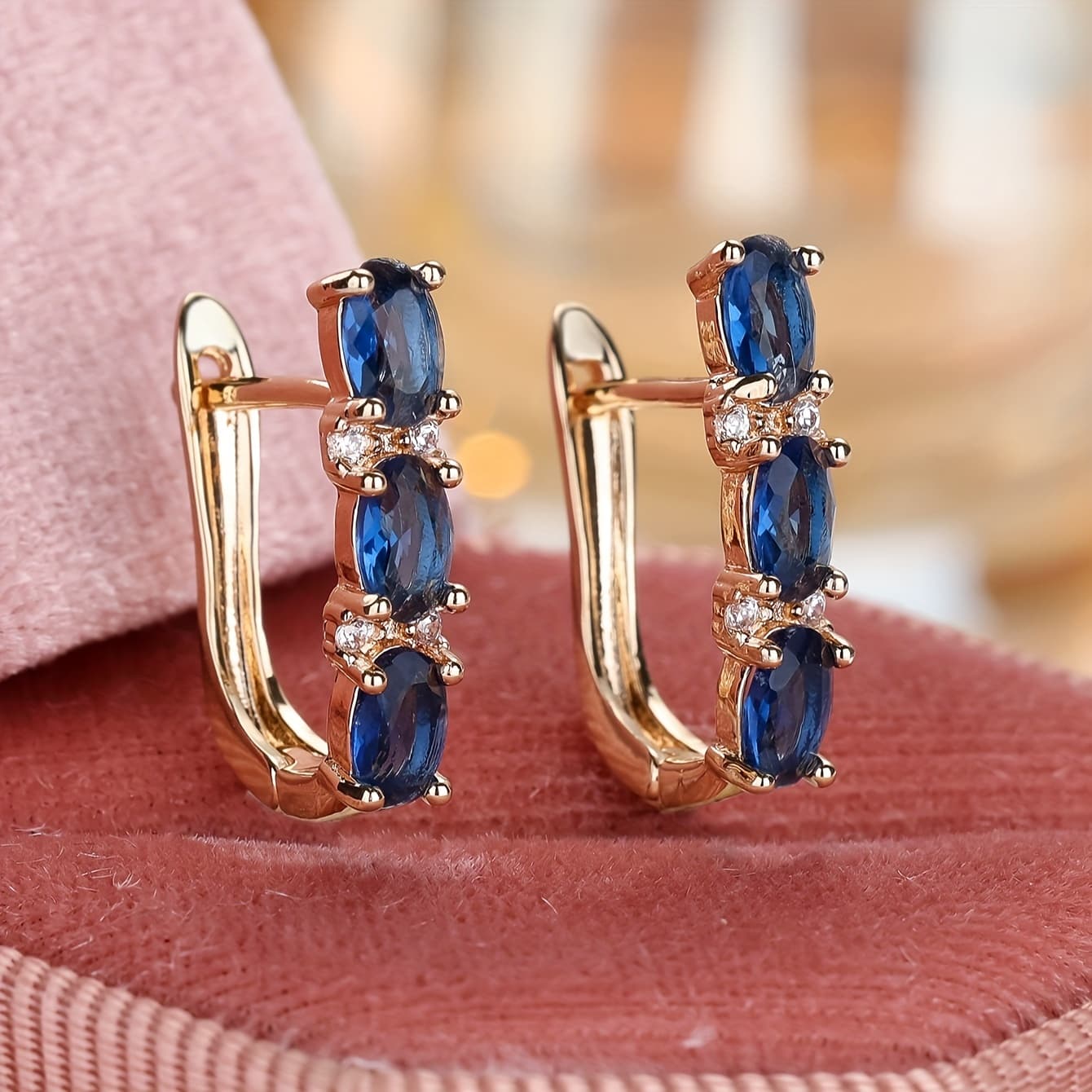 TEMU 1 Pair Luxury Golden Cut Blue Stone Drop Earrings For Women Claw Earrings Fine Jewelry
