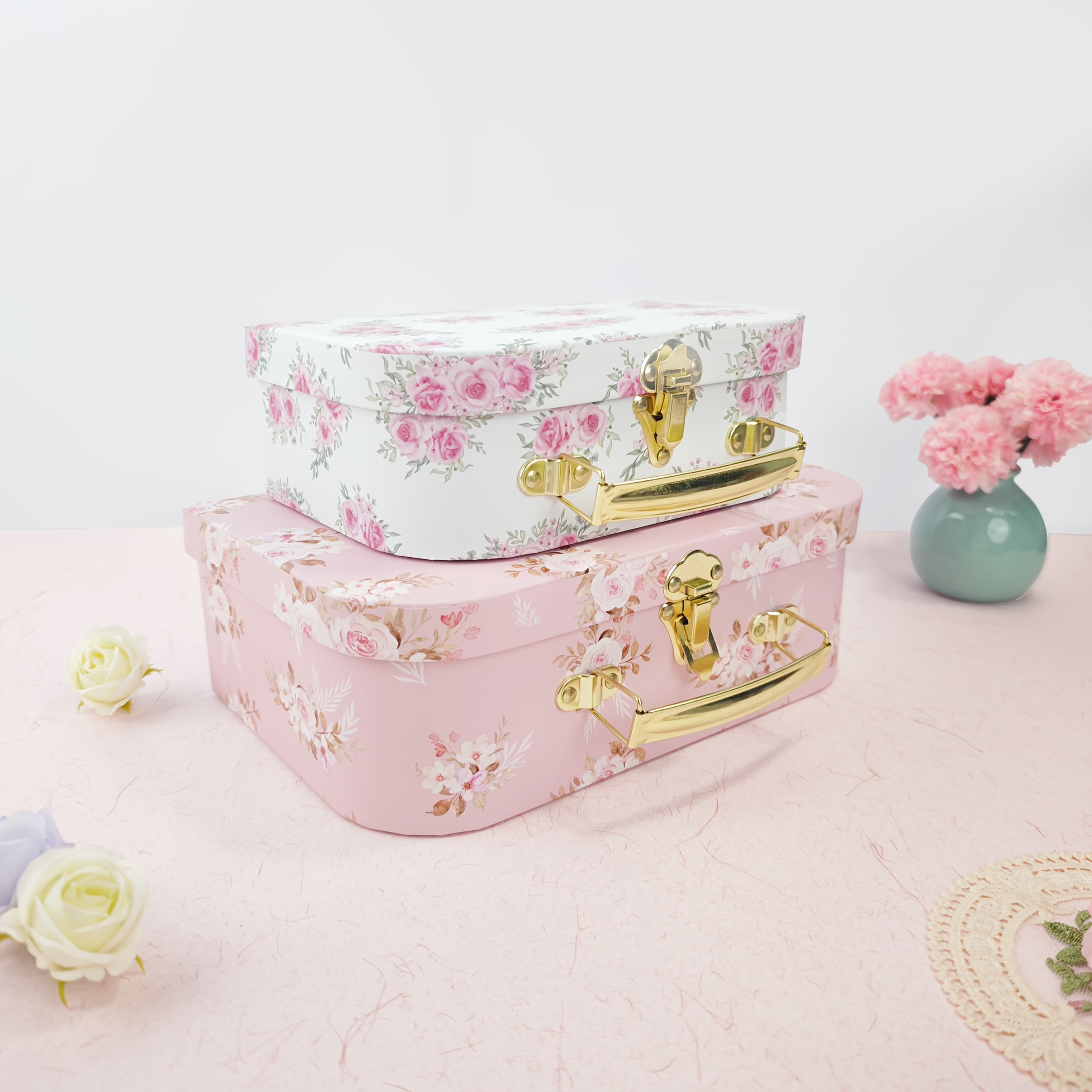 TEMU 2pcs Vintage Floral Cardboard Suitcase With Metal Handles, Flower Pattern Gift Box, Keepsake Box, Storage Box For Photos, Home Decor, Weddings, Birthdays, Anniversaries
