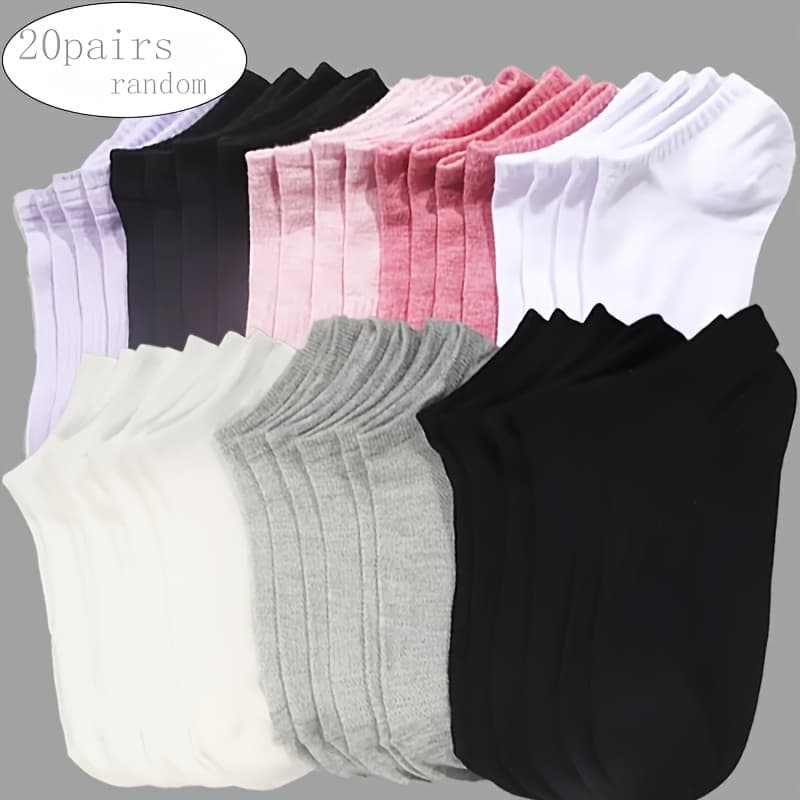 TEMU 20-pair Mixed Color Random Assortment Of Short Socks, Unisex Thin Breathable Classic Solid Color Random Spring/summer, Fashionable Short Socks