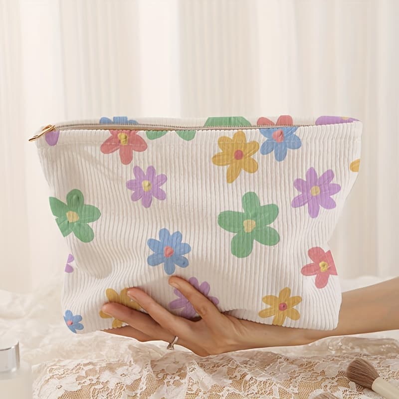 TEMU Colorful Floral Pattern Printed Corduroy Zippered Makeup Bag Storage Bag, Lightweight Makeup Bag, Makeup Bag, Multifunctional Wash Bag With Lining