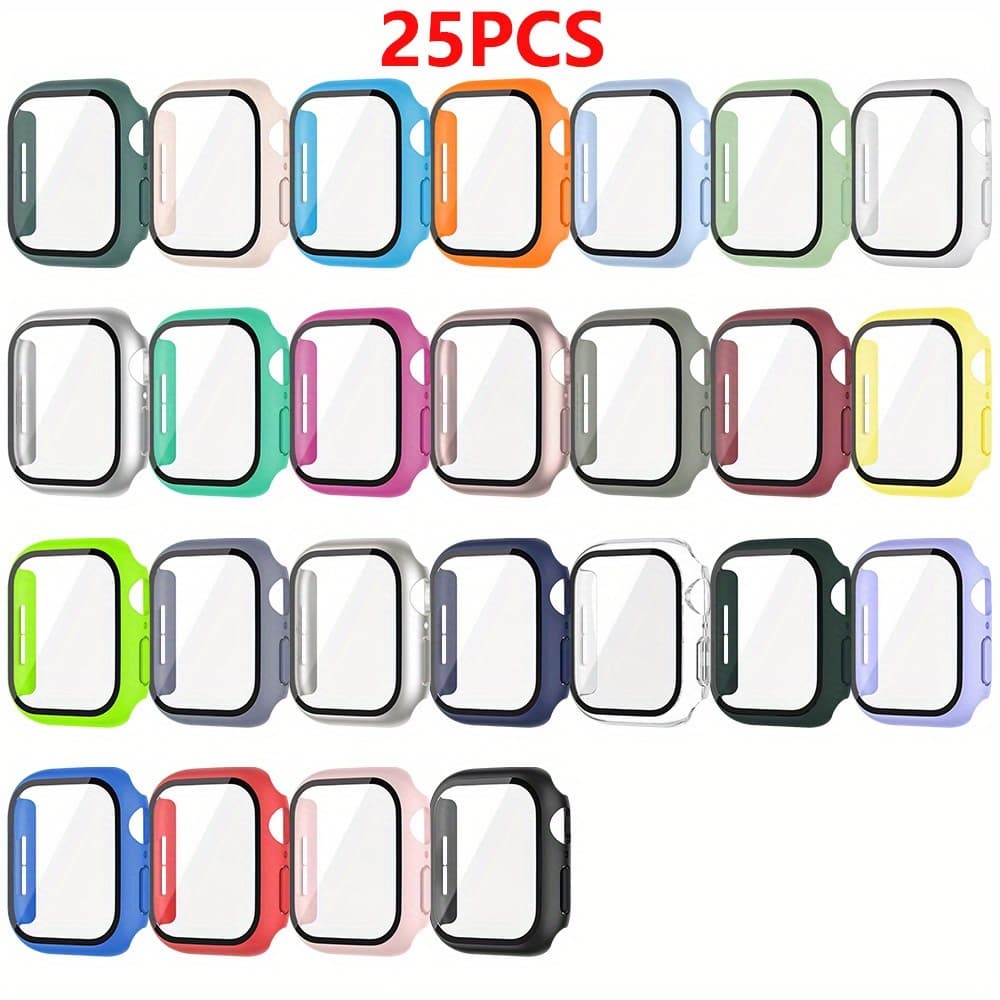 TEMU 25pcs Case For Watch 42mm 46mm 45mm 41mm 44mm 40mm Tempered Glass Screen Protector Hard Pc Cover For Iwatch Series 11 10 6 5 4 Se