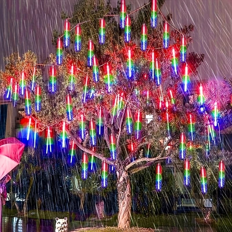 TEMU 1 Set Of 8 Tubes 192led Outdoor Meteor Shower Christmas Lights, Lights Solar Lights, Thanksgiving Halloween Decorative Lights, Blue Warm