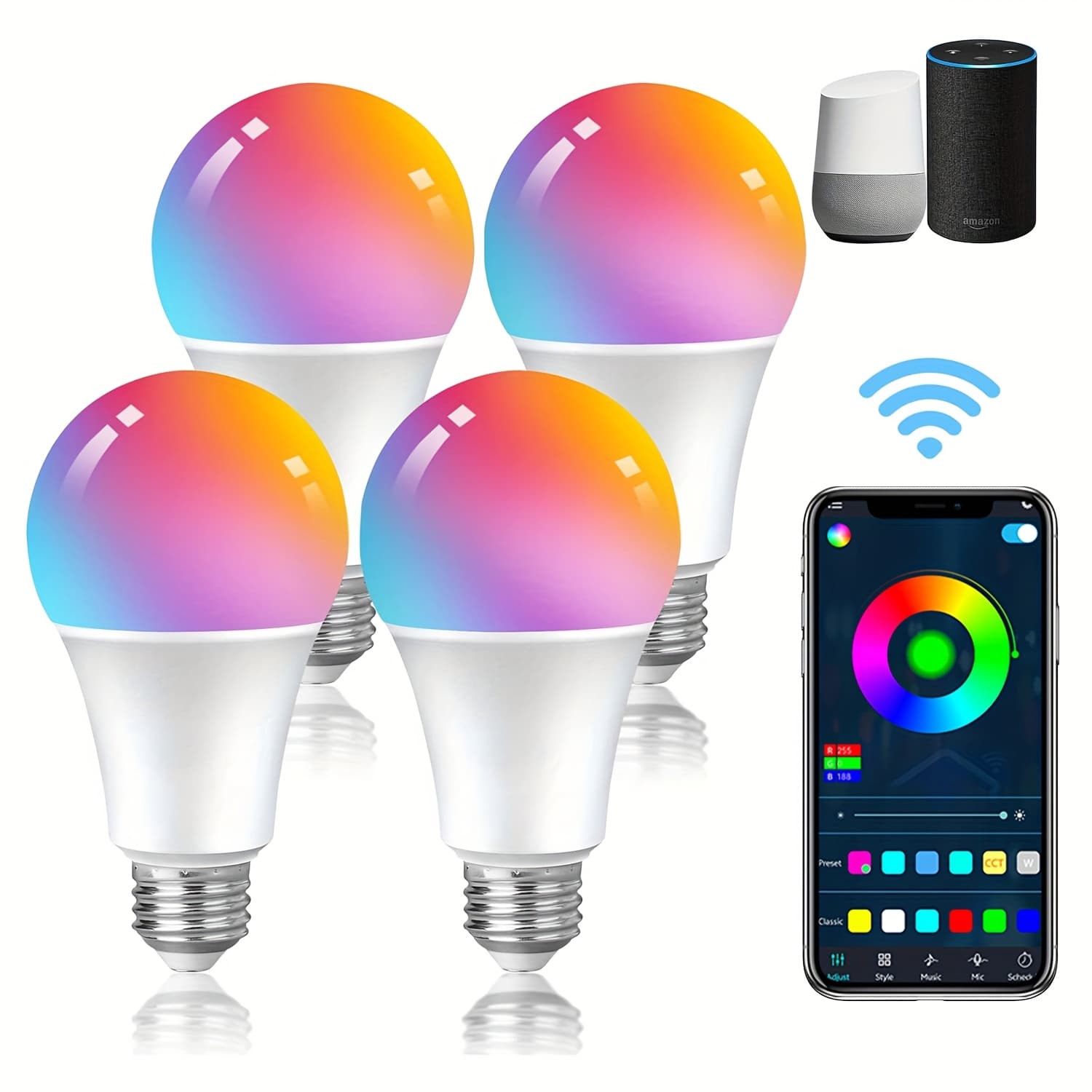TEMU 2/4pack A19 Wifi Light Bulbs, 9w Color Changing Light Bulbs Compatible With Alexa & , Smart Light Bulbs, Daylight E26 Led Lights For Room Decor, Living Room