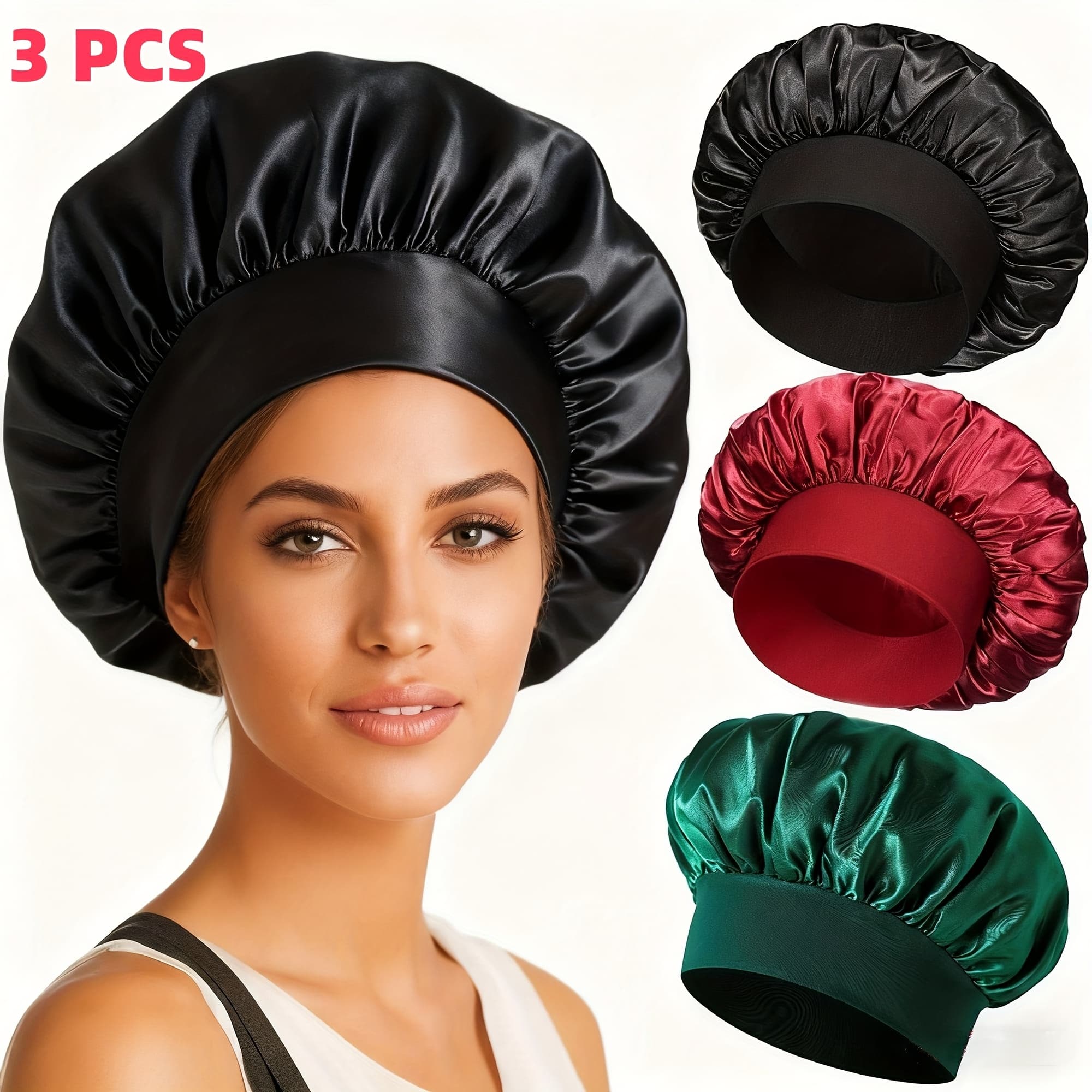 TEMU 3pcs Satin Hair , Sleep Hat, Elastic Wide Reusable Soft Sleep Caps For Women Pack 3pcs(black+red+green)