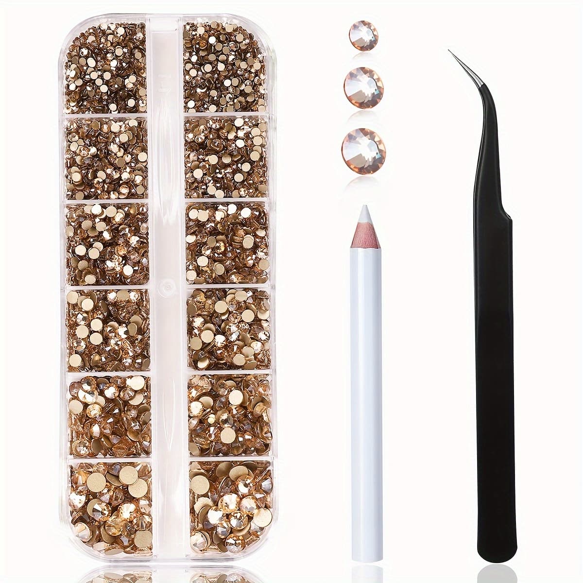 TEMU A Set Of 2000 Flat-bottom Round Rhinestones In 6 Sizes (1.5-4.8 Mm) For Nail Art, Including Tweezers And A Picking Pen, Suitable For Nail And Eye Makeup (golden Shade)