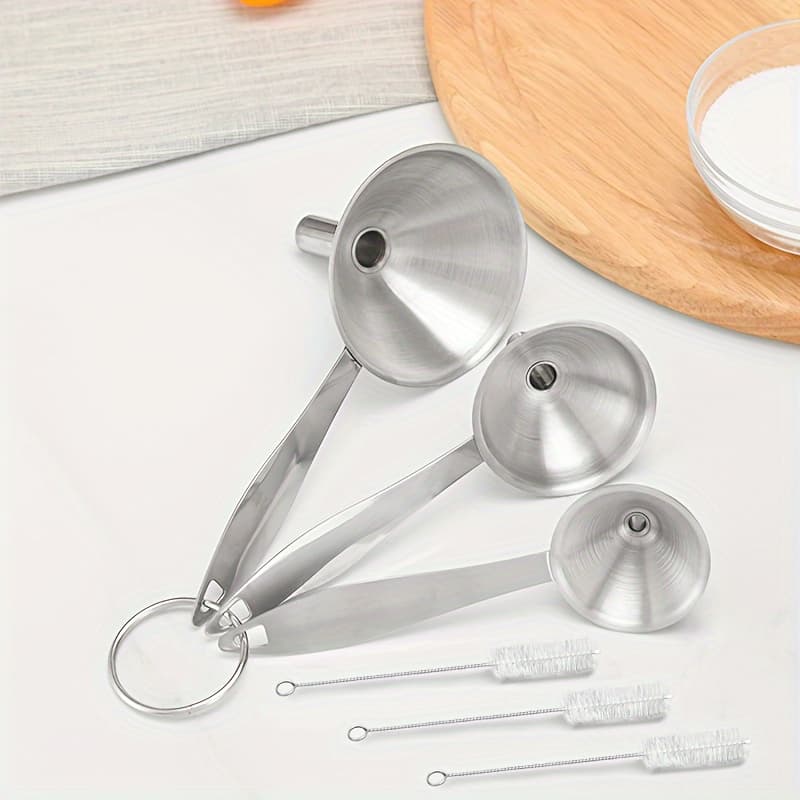 TEMU 6pcs Stainless Steel Funnel Set With Long Handle And Cleaning Brushes - Kitchen Oil Pouring Funnel For Wine Transfer - Durable And Easy To Clean - Small To Large Sizes Included