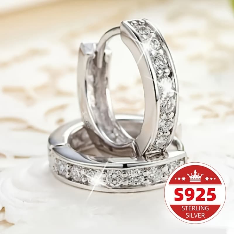 TEMU 925 Sterling Silvery Hoop Earrings - Hypoallergenic, Elegant, For Women, Perfect For Engagement And Wedding, High-quality Jewelry With Sparkling Accents