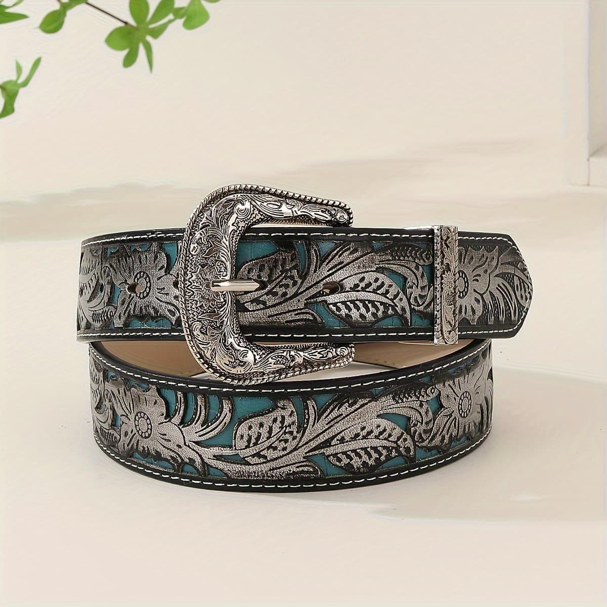 TEMU Latest Vintage Cowgirl Floral Engraved Hollow-out Decorative Western-style Belt, Suitable For Pairing With Jeans, Casual Pants, Dresses, And Trench Coats In Bohemian Style