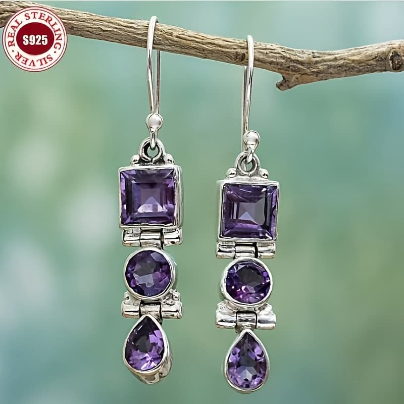 TEMU 925 Silver Retro Amethyst 3 Stone Earrings Lightweight Long Elliptical Water Drop Pendant Earrings Are The Best Christmas And Birthday Gifts For Yourself And Your