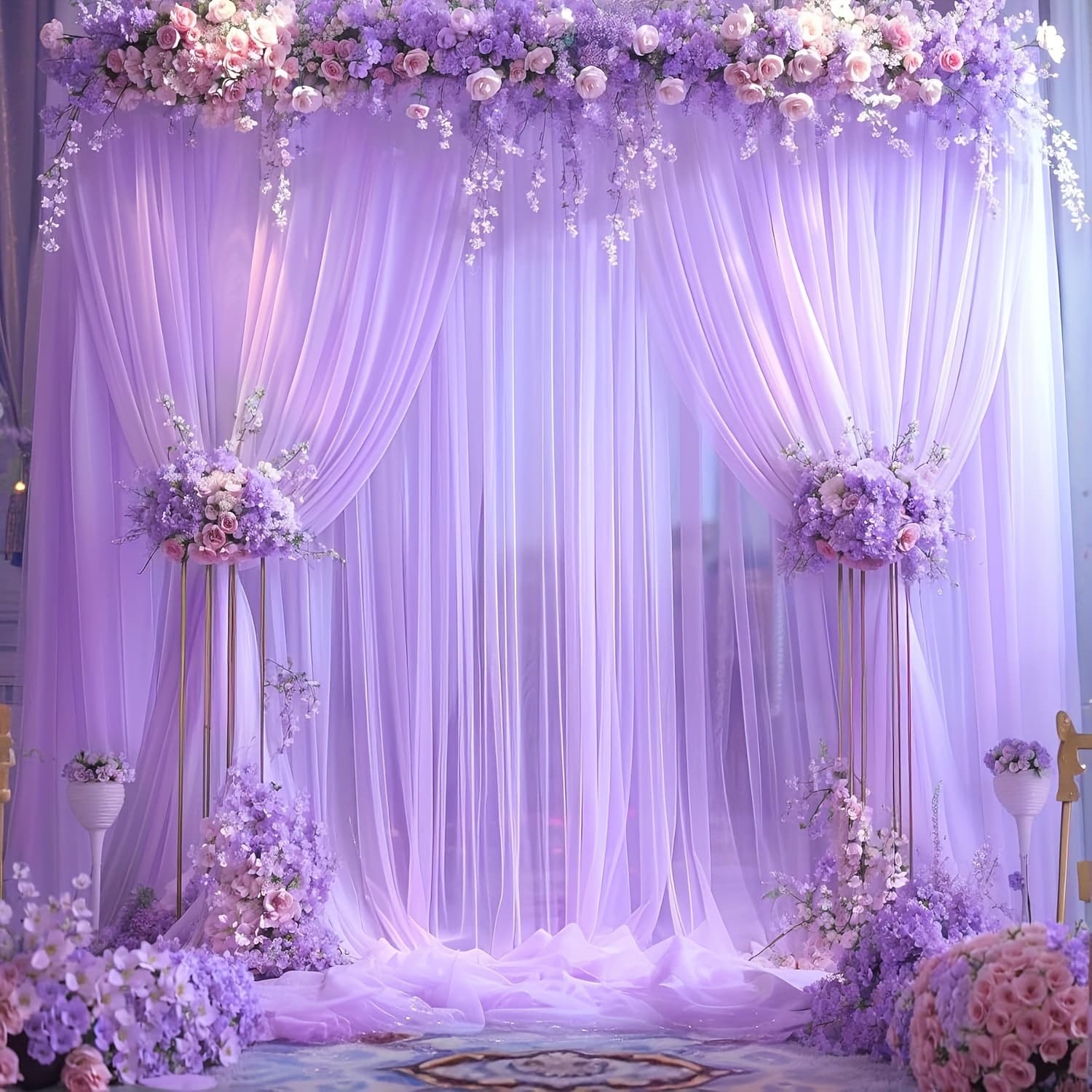 TEMU 2pcs Purple Sheer Tulle Curtains Romantic Canopy Wedding Backdrop Party Stage Decoration Hanging Tulle, Background Courtyard Scenery Atmosphere Tulle, Very Suitable For Birthdays And Weddings