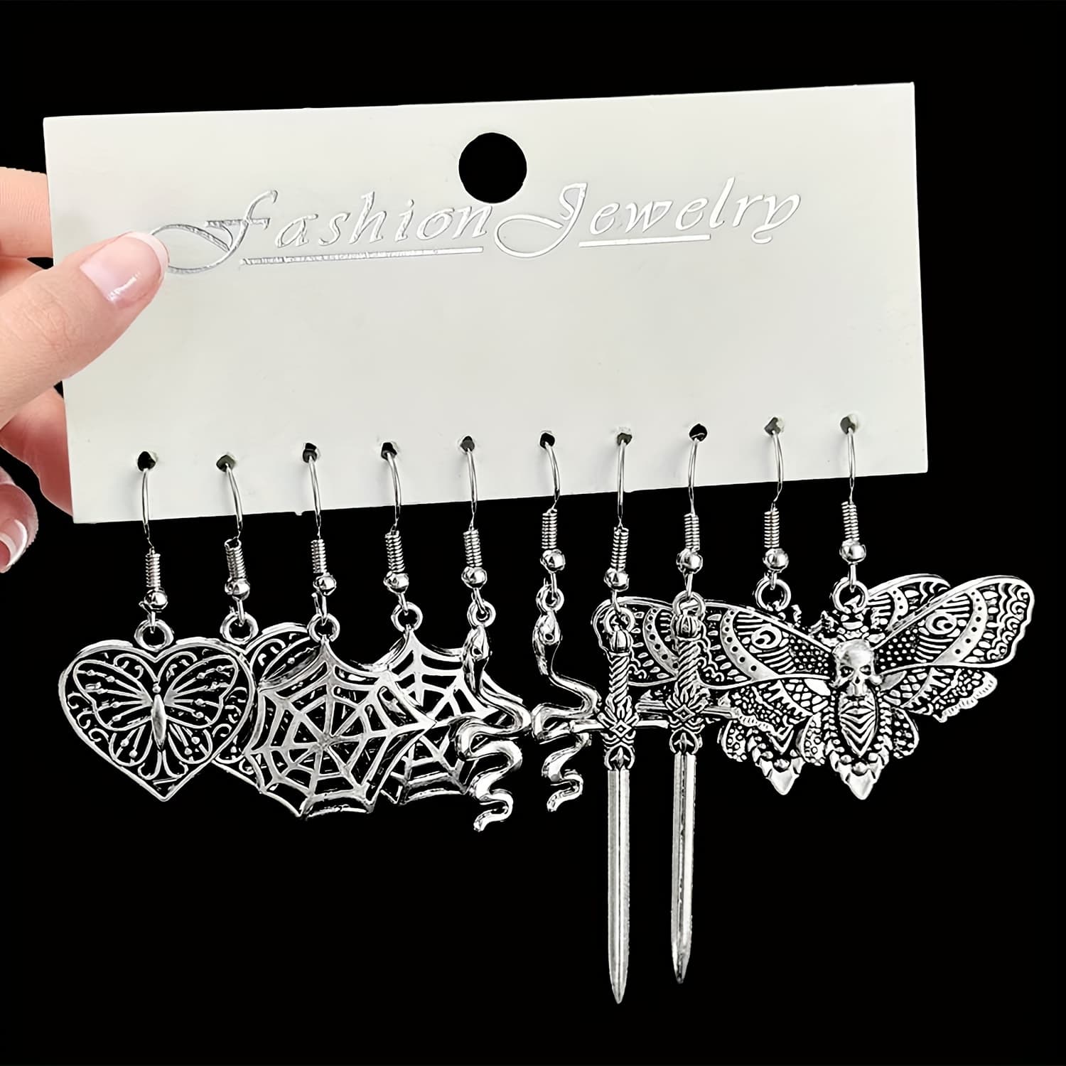 TEMU 5 Pairs/set Antique Silvery Fashion Halloween Earrings, Alloy Skull Moth, Spider, Cat Design Earrings, Jewelry Gifts For Women And Girls