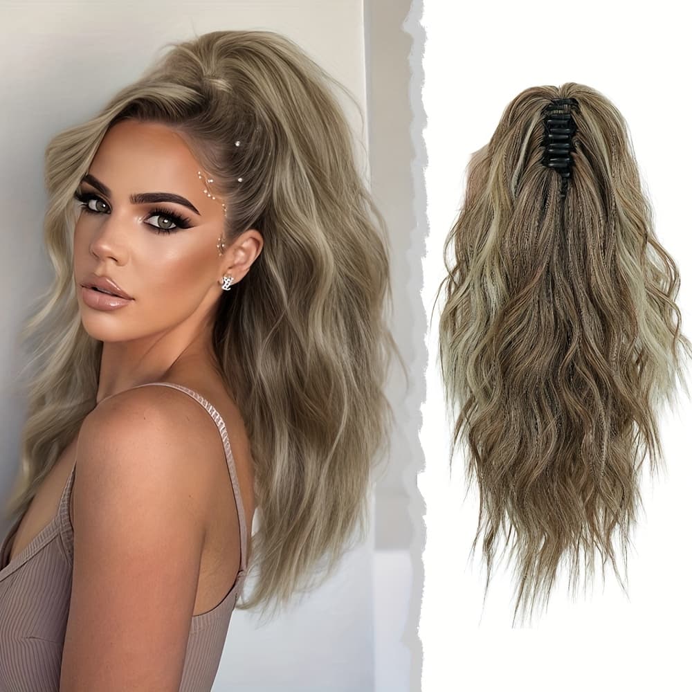 TEMU Long Water Wave Light Brown Highlight Beige Heat Resistant Synthetic Clip On Hair Extensions For Women Pony Tail Hair Extensions Clip In Ponytail Ladies Hair Extensions 18 Inches