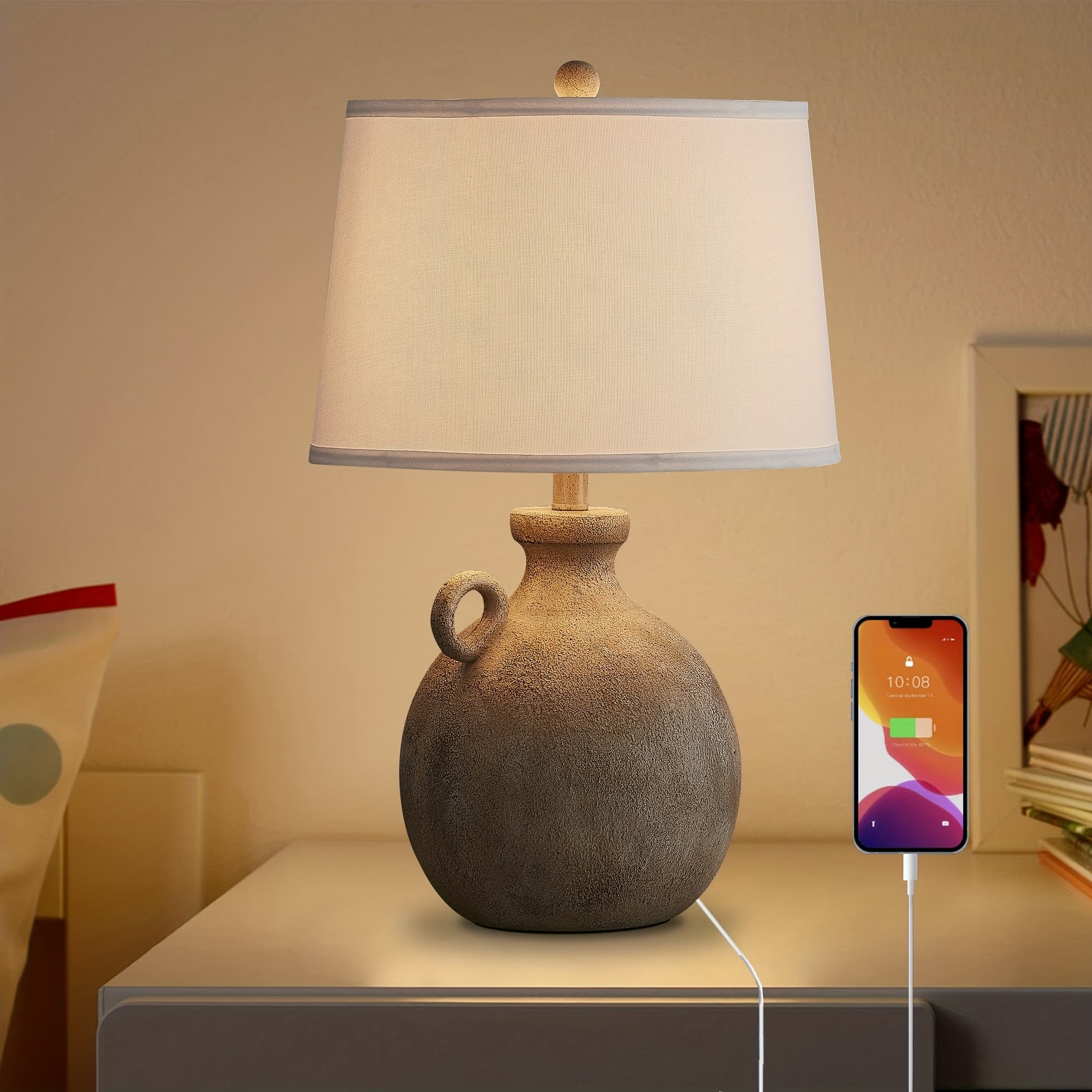 TEMU 24" Farmhouse Table Lamp For Bedroom With Usb Charging Port, 3-way Dimmable Rustic Single Lamp, Resin Bedside Lamp With For Study, Living Room