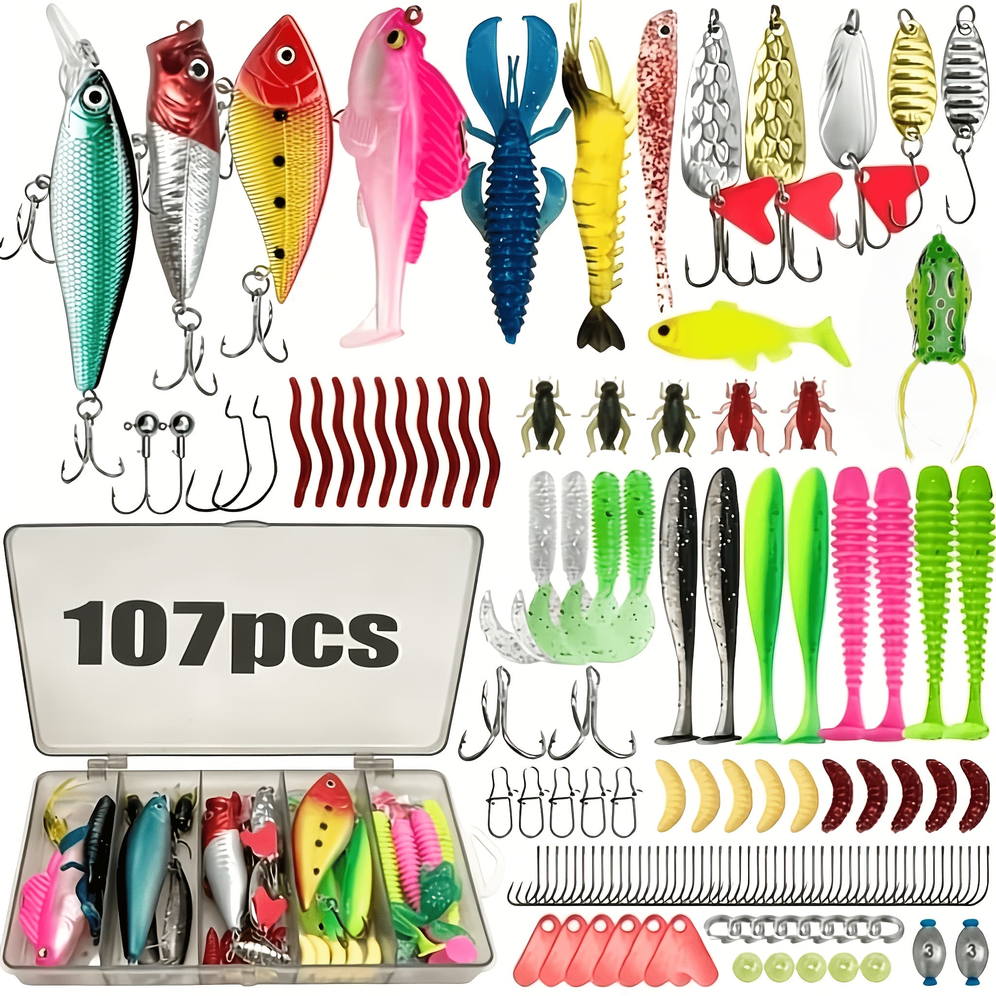 TEMU 107pcs Fishing Lures Kit With Tackle Box, Complete Trout Fishing Bait Assortment With Soft Plastic Worms, Crankbaits, Spoon Lures, Hooks And Additions For Freshwater Saltwater