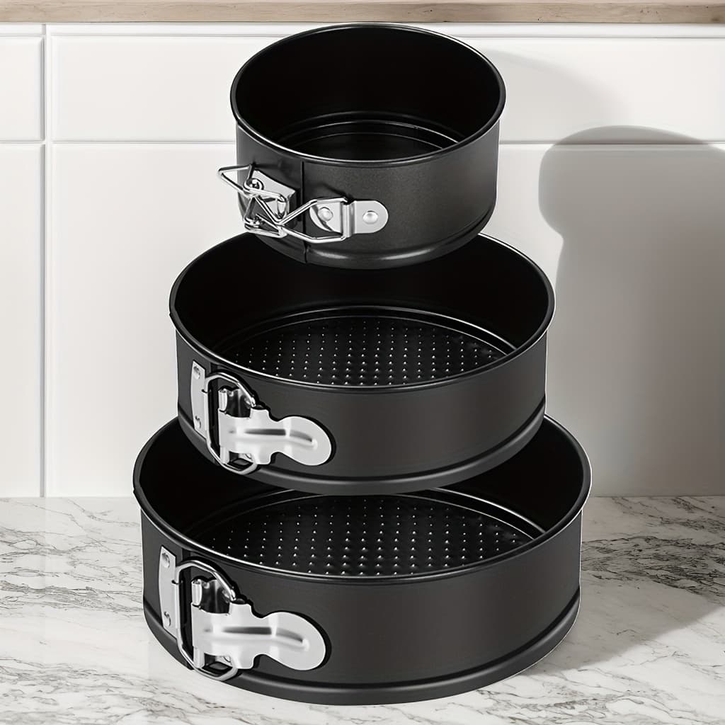 TEMU Lockable Base Springform Cake Pan, 3/4 Set. Premium Carbon Steel Round Cheesecake Pans For Baking Cheesecakes, Pizzas And Quiches. 4, 7 And 9 Inch Removable Bottom Cake Moulds. (black).