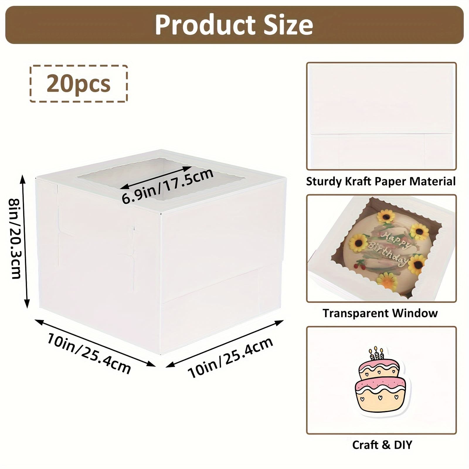 TEMU 20-pack 10x10x8 Inches Boxes With Window, Tall Cake Box With Window, Boxes, Cajas Pasteles For Boxes With Window For Cakes, Pastries, Pies, Desserts, For Birthday Party, Wedding And Father's Day