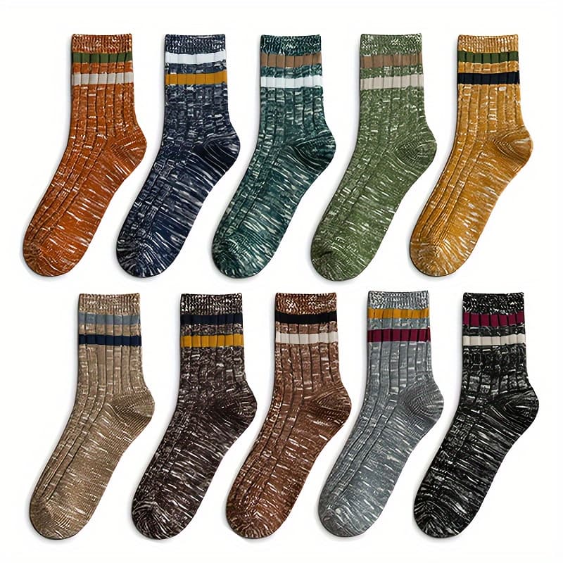 TEMU 10 Pairs Of Men's Trendy Ethnic Vintage Stripe Crew Socks, Socks-breathable Comfy Casual Unisex Socks For Men's Outdoor Wearing All Wearing