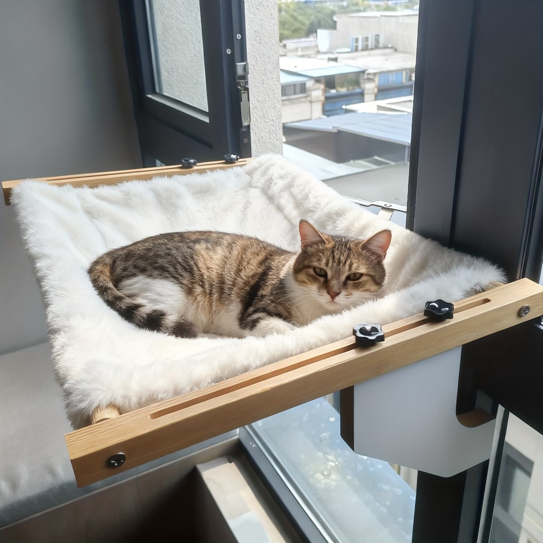 TEMU Adjustable Cat Window Stand Hammock, Wooden Cat Bed With Cat Paw Patterns, On Walls, Windows, The Bed, Cabinets - Large Cat Bed, Pet Leisure Spot, Safe And Fixed Cat Hammock