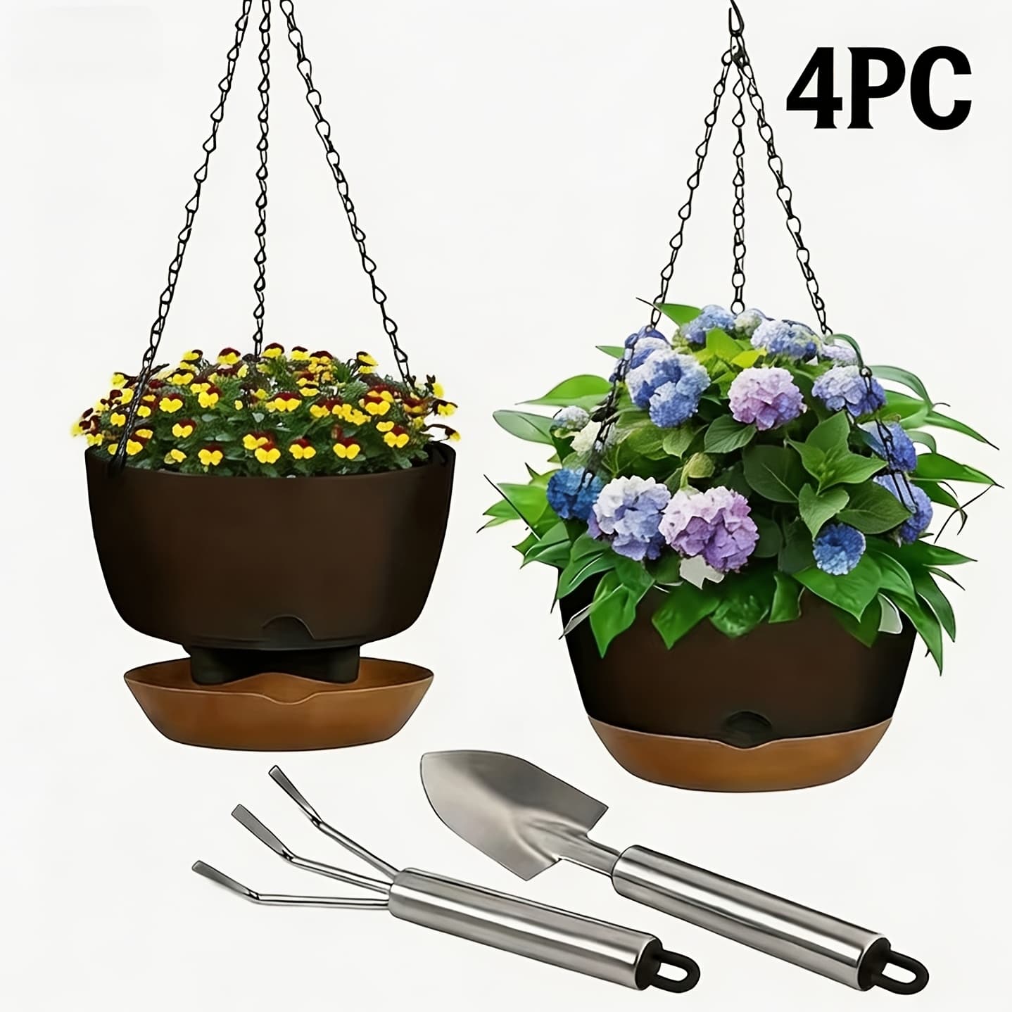 TEMU Set Of 2 9.5-inch Hanging Pots Designed For Indoor Plants, Featuring Self-watering Capabilities, Removable Saucers, And Drainage Holes, Suitable For Outdoor Use As Well. Color: Black