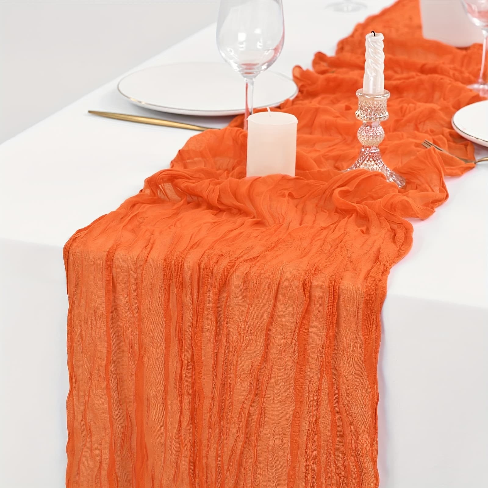 TEMU Elegant Orange Cheesecloth Table Runner - Long, Weddings, Birthdays, Halloween & Christmas Decorations