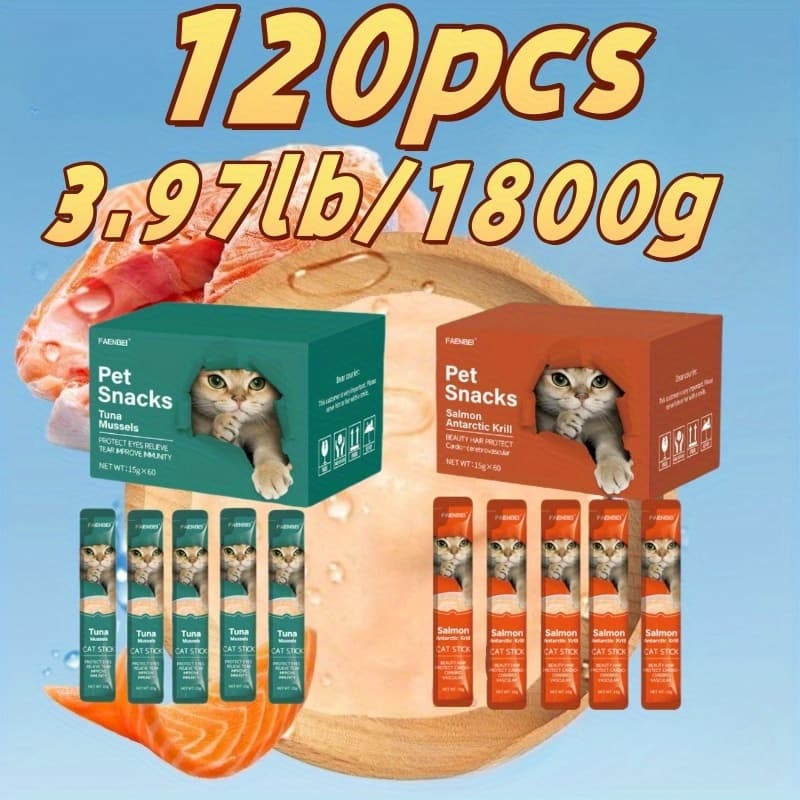TEMU 120pcs Cat Treats, Nutritious Snacks For Adult And Kitten Pets, Individually Packaged Clean & Hygienic, Wet Food Packaging - Salmon Shrimp + Tuna Clam