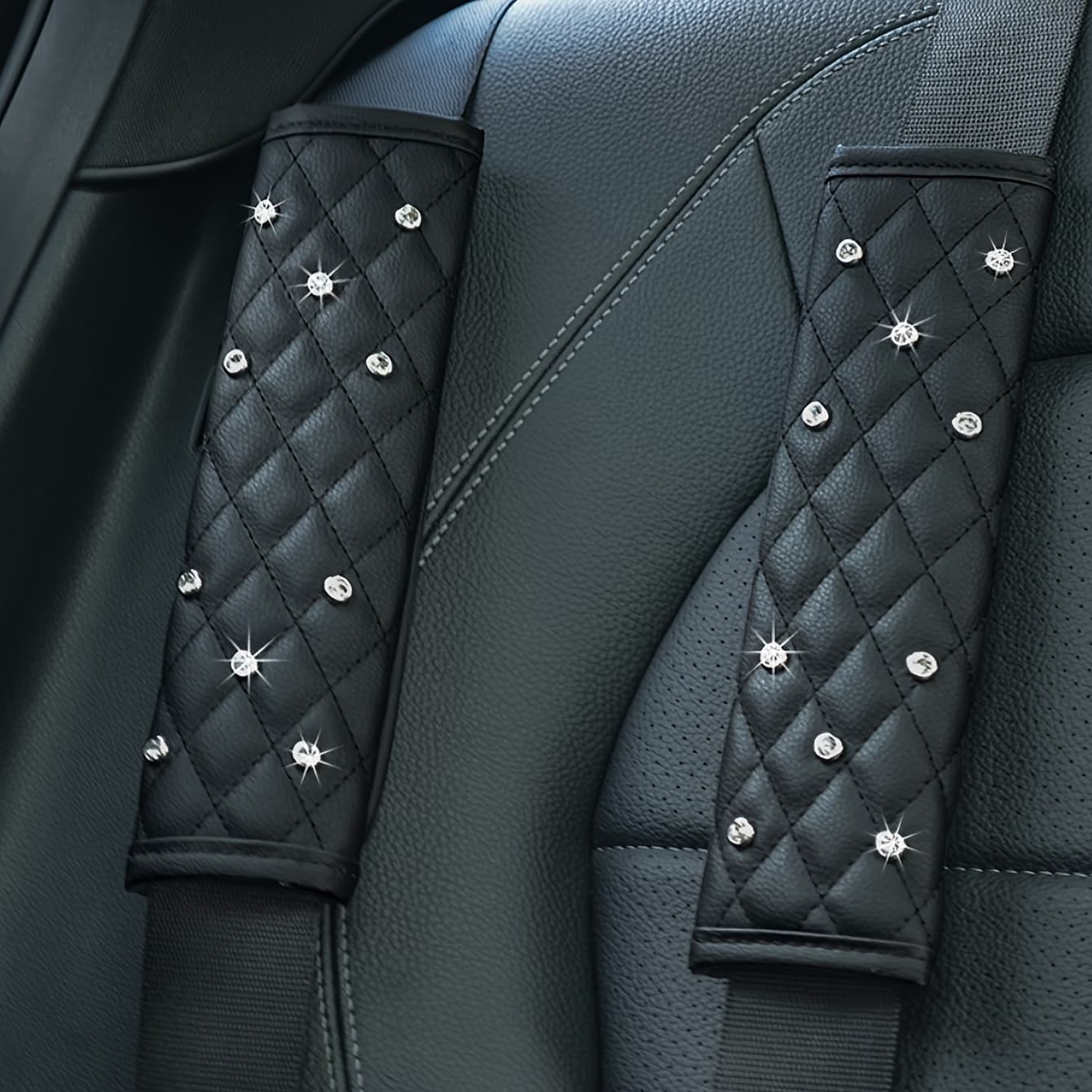 TEMU 2pcs Bright And Decorated Pu Leather Seat Belt Shoulder Pad, Suitable For Men And Women, Suitable For All , Fashionable And Comfortable, To The Car Interior